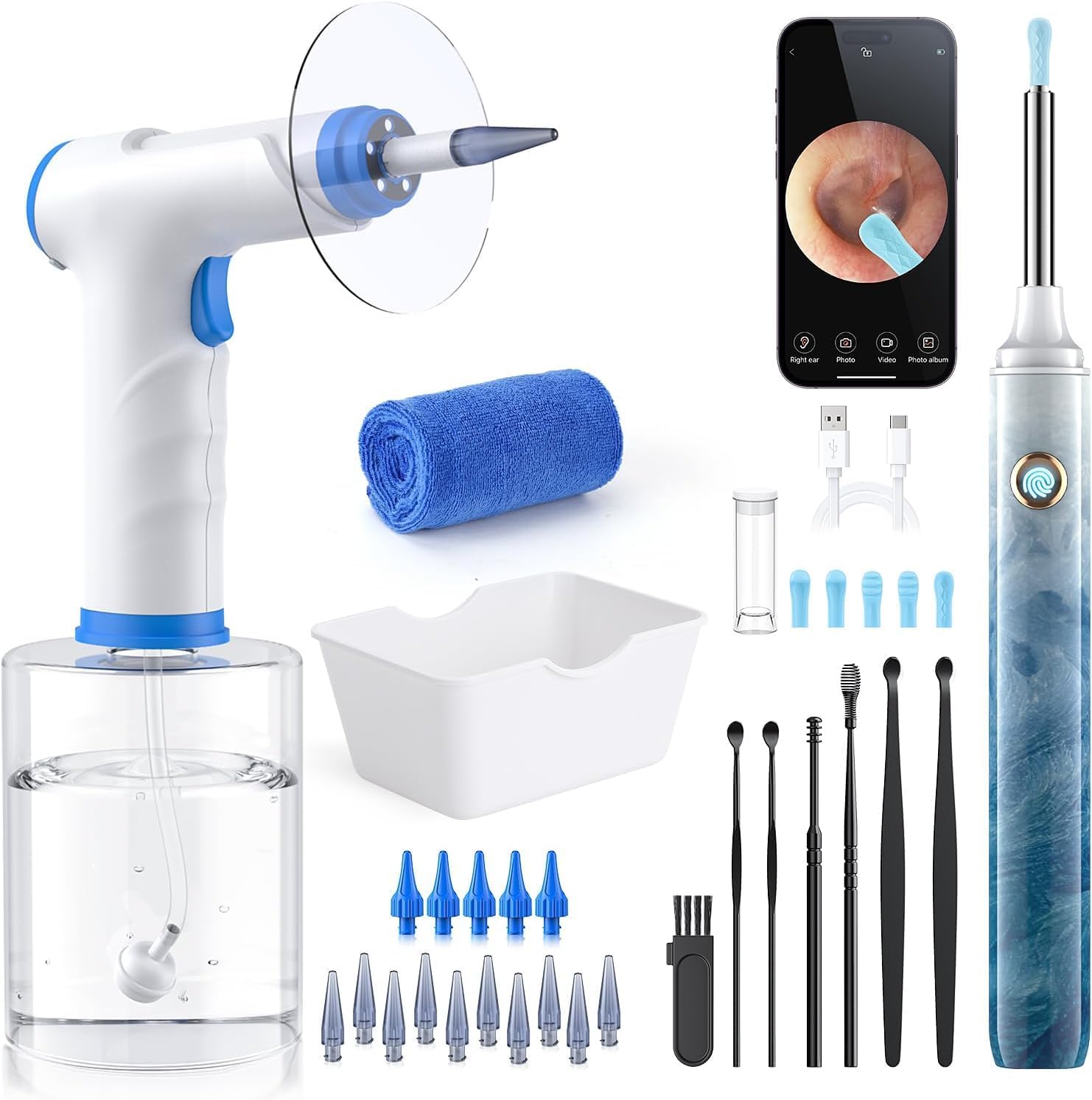 Earwax Removal - Electric Ear Irrigation Kit with 4 Pressure Modes, Ear Cleaner with Camera, 1080P Otoscope, Ear Cleaning Tool with 7-Piece Set, Earwax Removal Kit for Daily Cleaning-Bluewhite