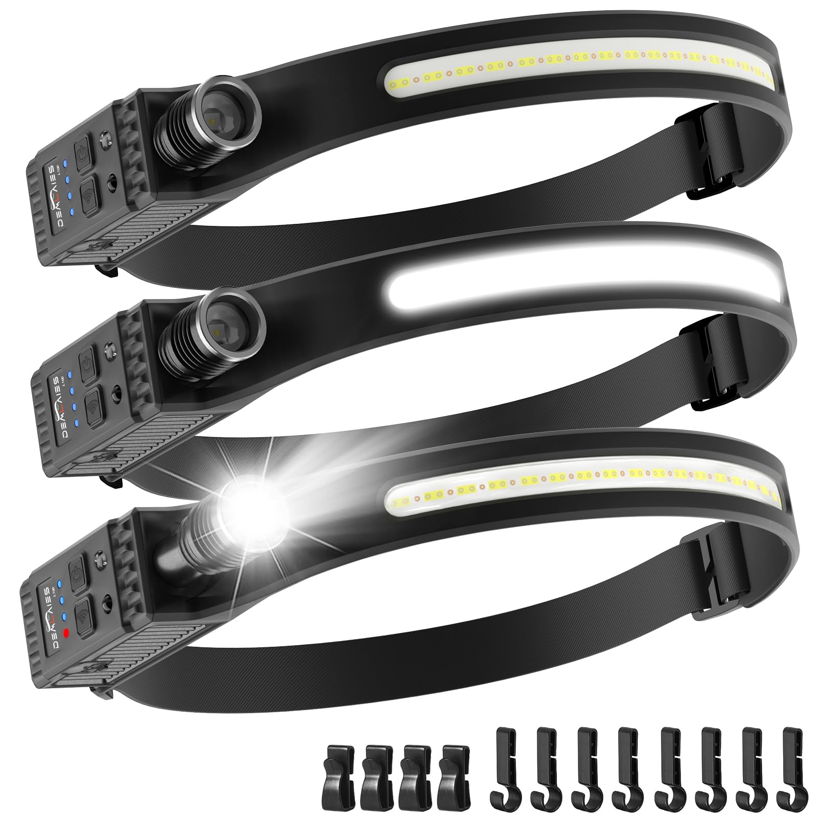 3 Pack Head Torch Rechargeable, 230° Wide Beam Adjustable Focus Headtorch