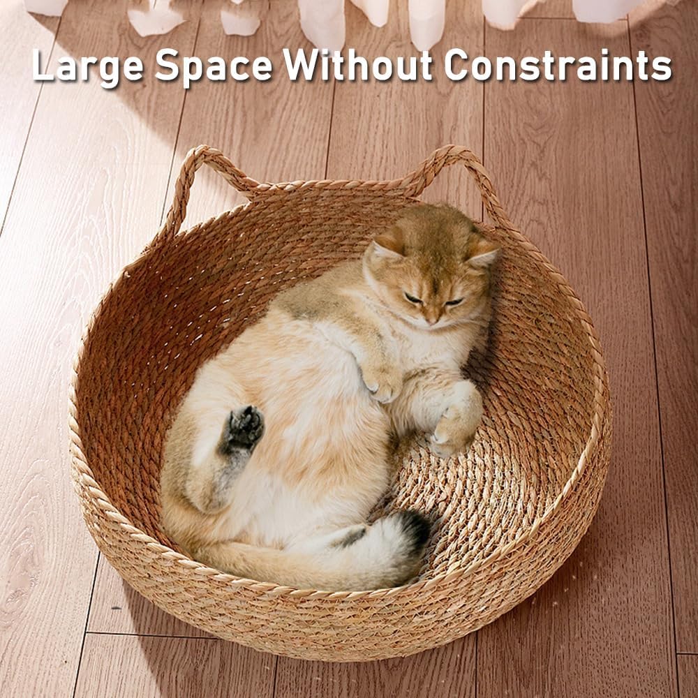 سرير قطط منسوج من القش من بورتالوف، سرير دائري 43 سم للحيوانات الاليفة الصغيرة مع وسادة ناعمة، سرير للحيوانات الاليفة قابل للازالة والغسل للقطط او الكلاب الصغيرة