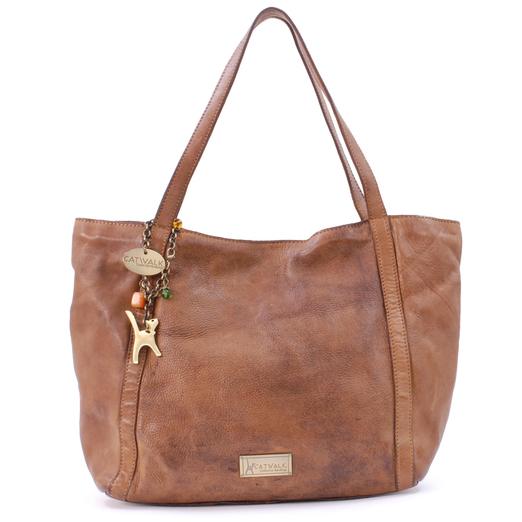 Catwalk Collection Handbags - Damska Skórzana Torba Na Ramię - Torebka Typu Tote na Zamek - Postarzana Prana Skóra Vintage - Hazel