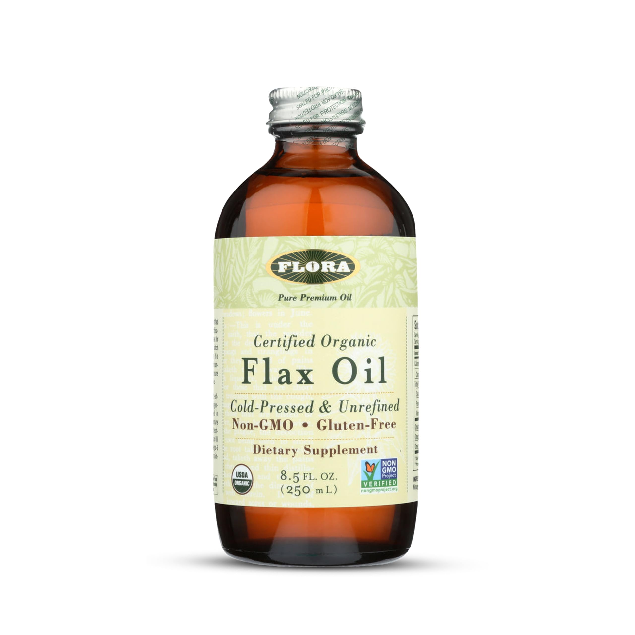 Flora Certified Organic Flax Seed Oil, Non-GMO, Cold Pressed & Unrefined Flaxseed Oil - 8.5 fl. oz. Amber Glass Bottle