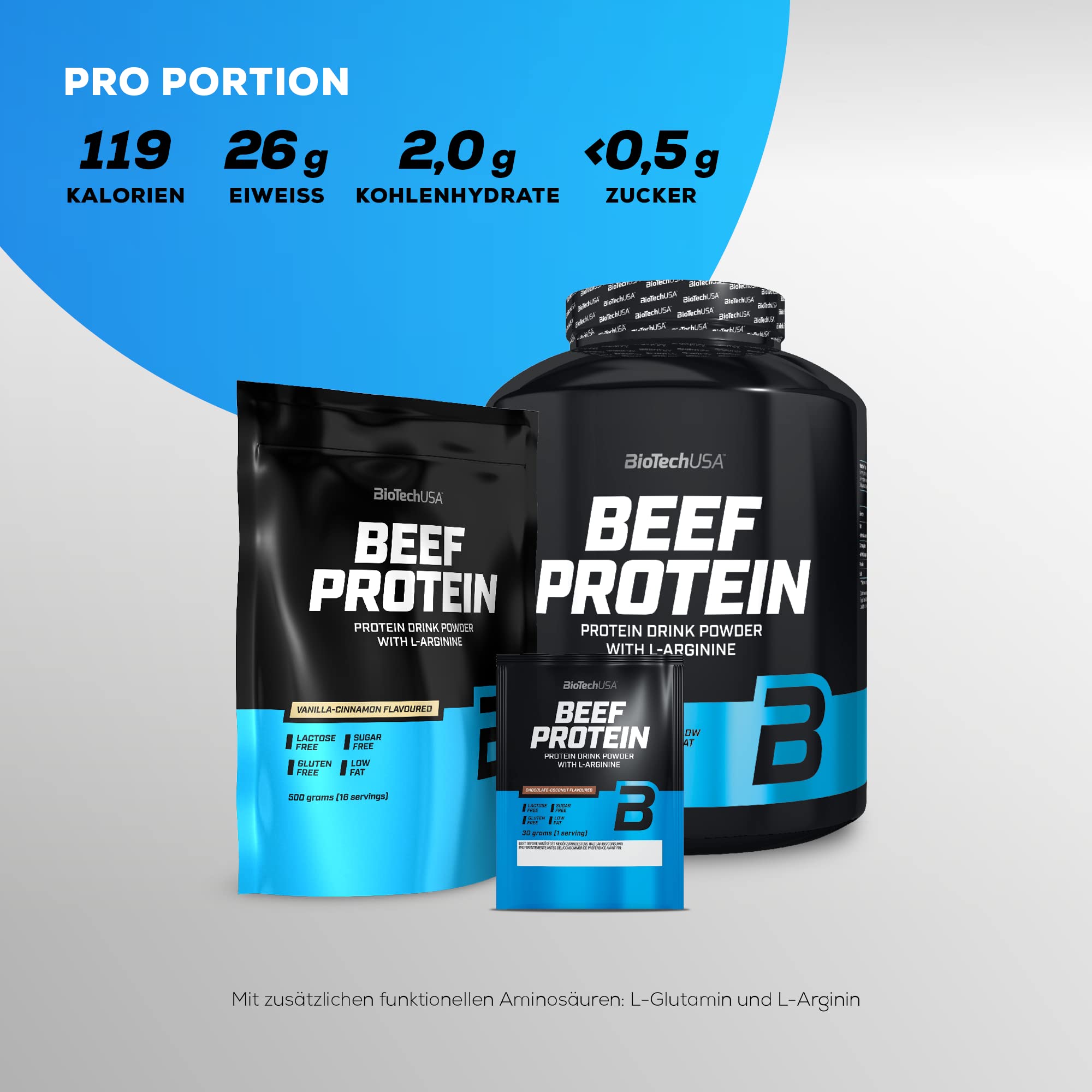 BioTechUSA Beef Protein | Hydrolysiertes Rinderprotein-Peptid | 87 % Proteingehalt | Mit L-Glutamin & L-Arginin | Ohne zugesetztes Kreatin | Zuckerfrei, Fettarm | 1,816 kg, Schokolade-Kokos