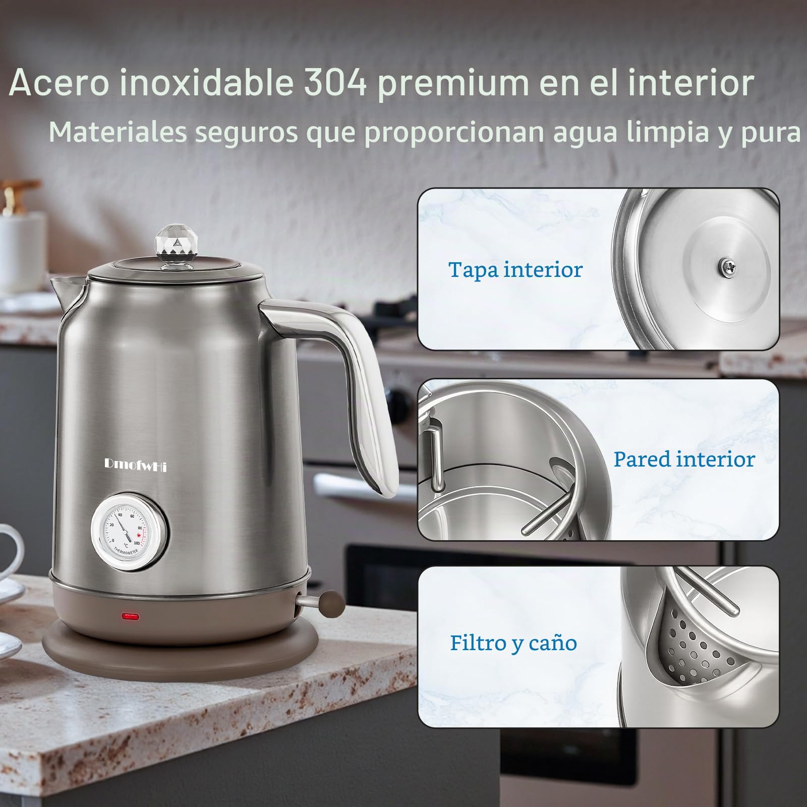 DmofwHi Hervidor de Agua Eléctrico de 1,7 Litros - Tetera Electrica con Termómetro e Indicador de Temperatura - Apagado Auto & Protección Ebullición Seca - Para Café, Té y Familia (Cromo)