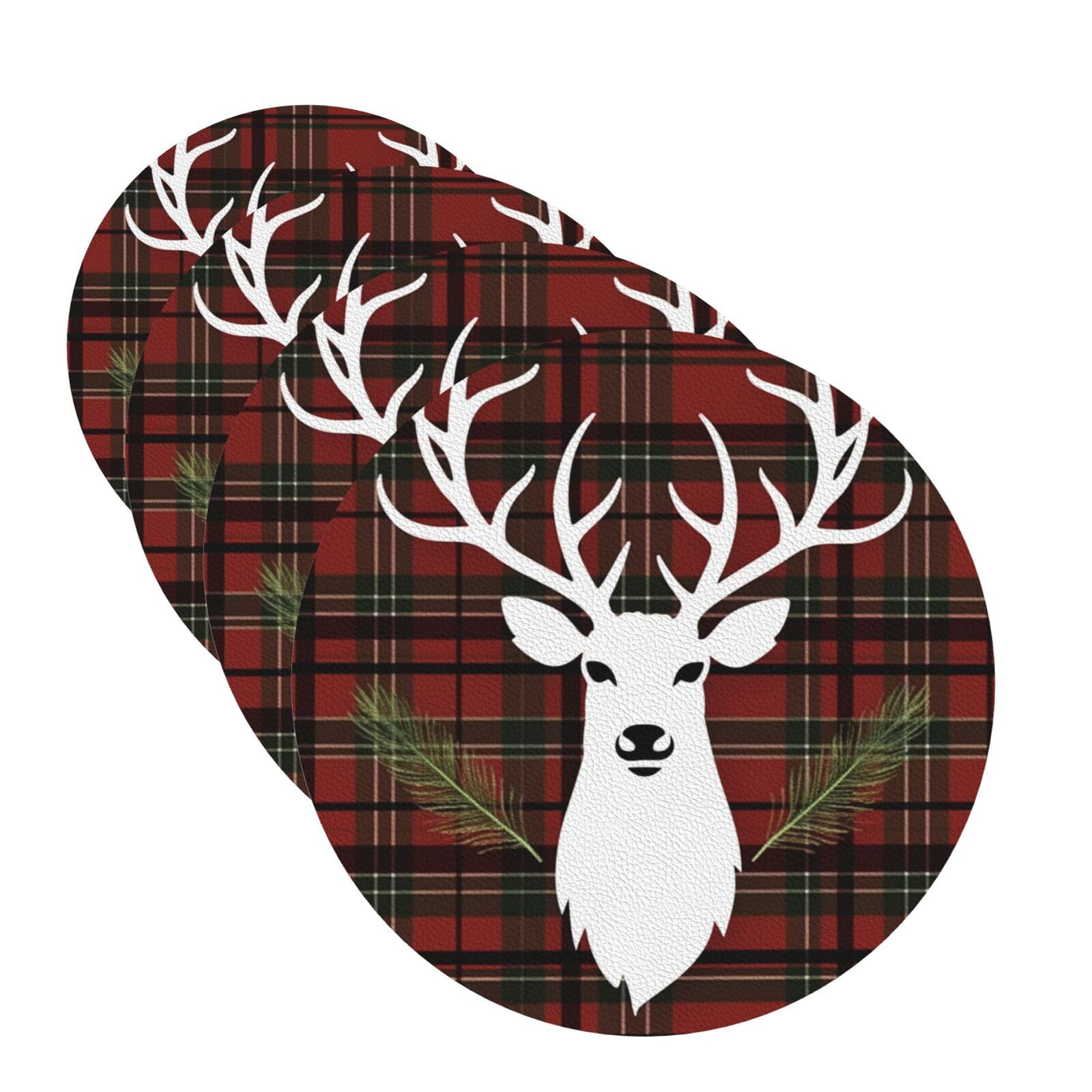 Stvyukl Round Shape Merry Christmas Reindeer Tartan Checkered Plaid Xmas Coasters For Drinks Set Of 4 Leather Tea Cup Coaster Drink Coasters For Cup Kitchen Bar Home Decor Housewarming Gift