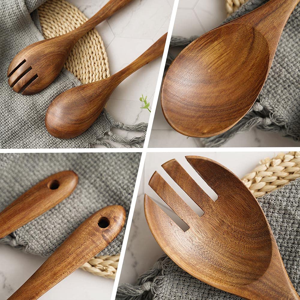 Set 2 Pezzi Posate Insalata In Legno Di Acacia - Cucchiaio E Forchetta Naturali - Foto 4