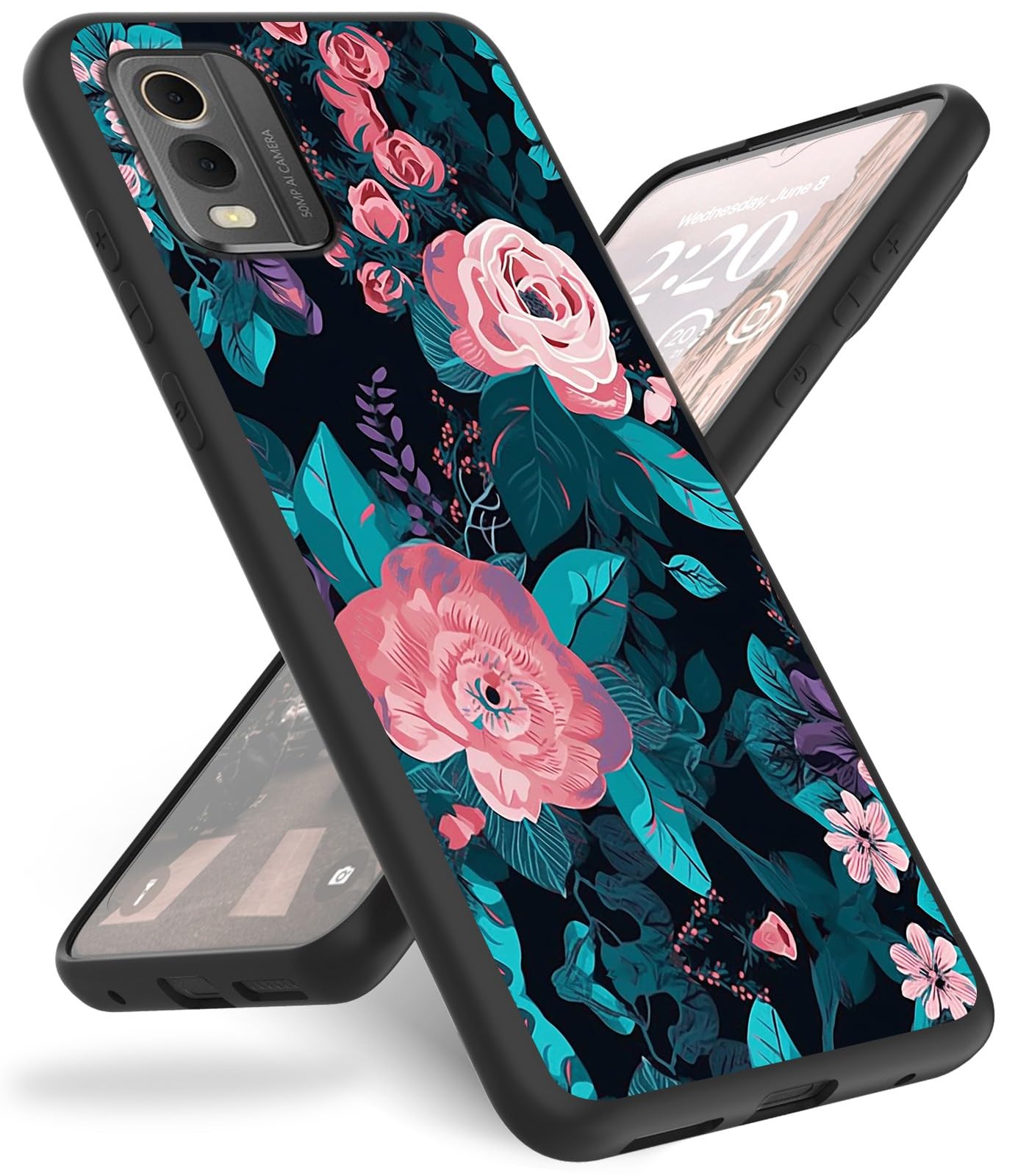 Case for Nokia C32 Phone Case 6.5",Slim Anti-Scratch Shockproof Durable Black Silicone Protective Cover Case for Nokia C32 2023,Pink Flowers