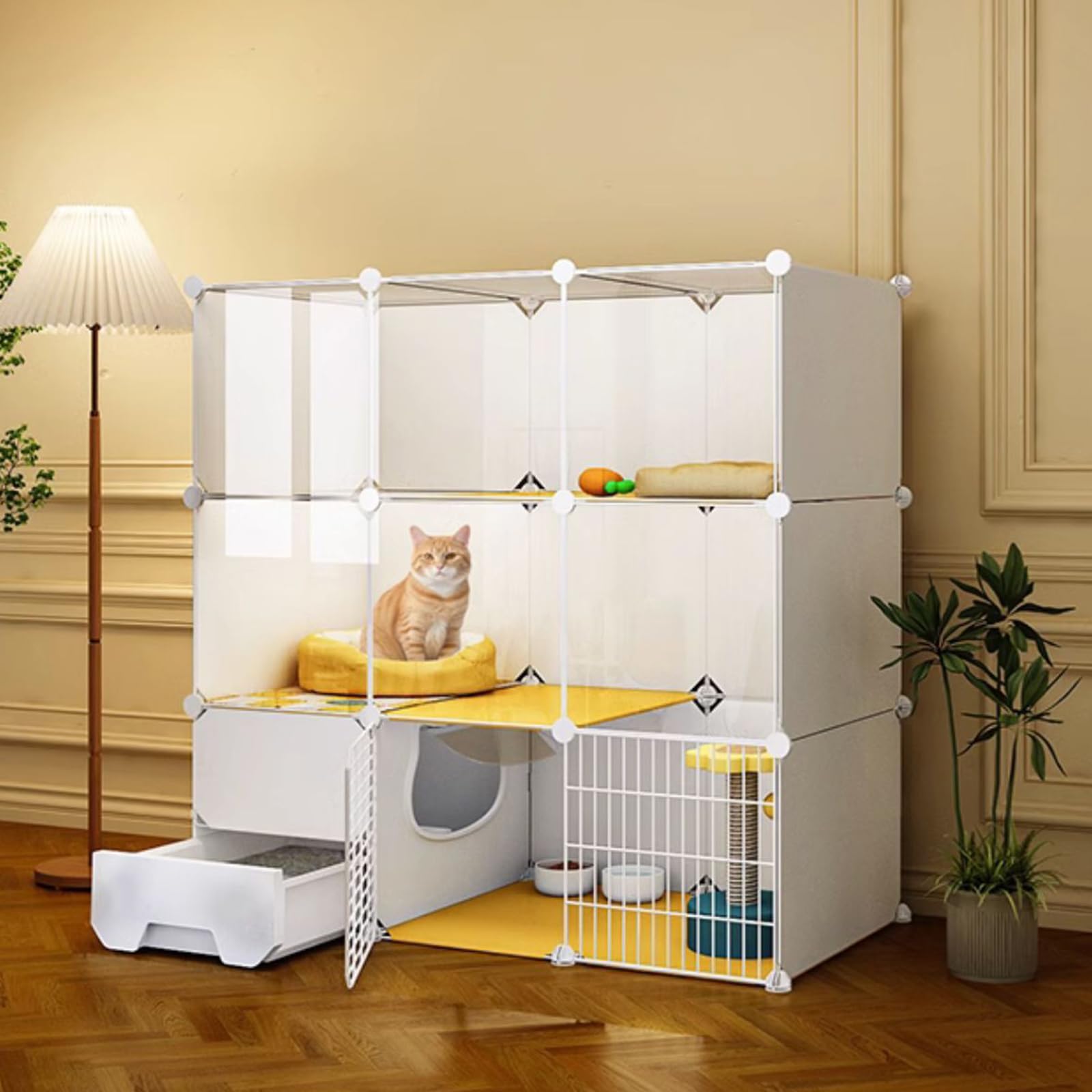 Gabbia per gatti da interni ed esterni con lettiera, struttura in filo portatile, ideale per 1-4 gatti, dimensioni perfette per giocare e riposare