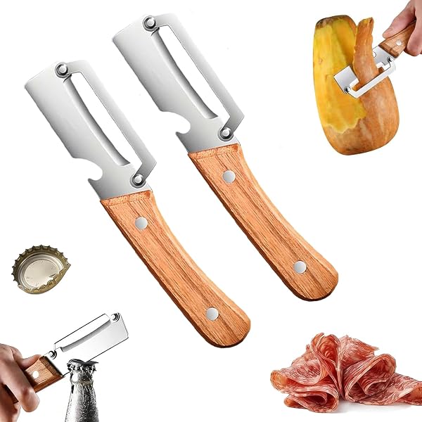 2PCS Éplucheur Légumes Multifonction, Éplucheur Polyvalent en Acier Inoxydable avec Manche en Bois, Éplucheur pour Pommes de Terre et Fruits, Eplucheur Legume Pratique pour la Cuisine - 1