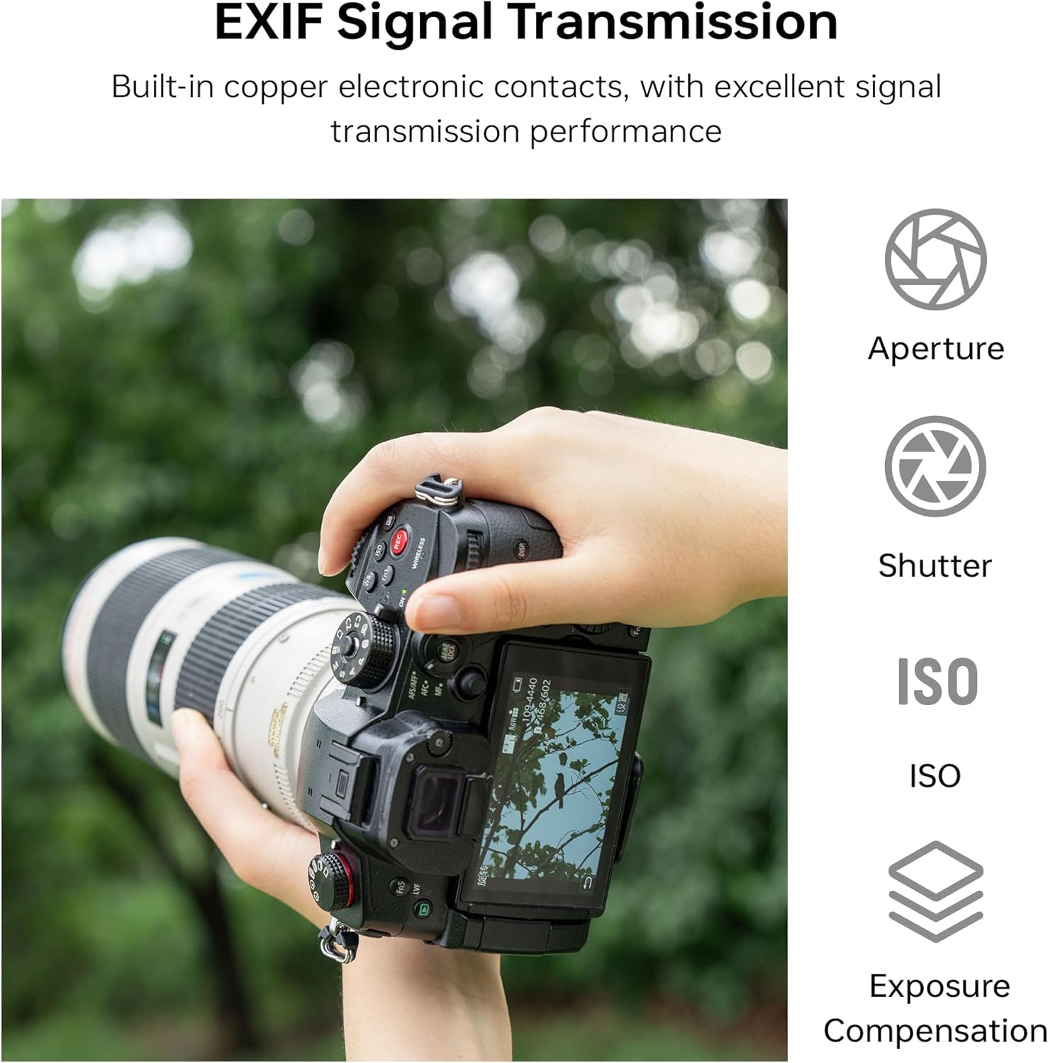 Camera display showing EXIF data transmission with the VILTROX EF-M1 Pro adapter