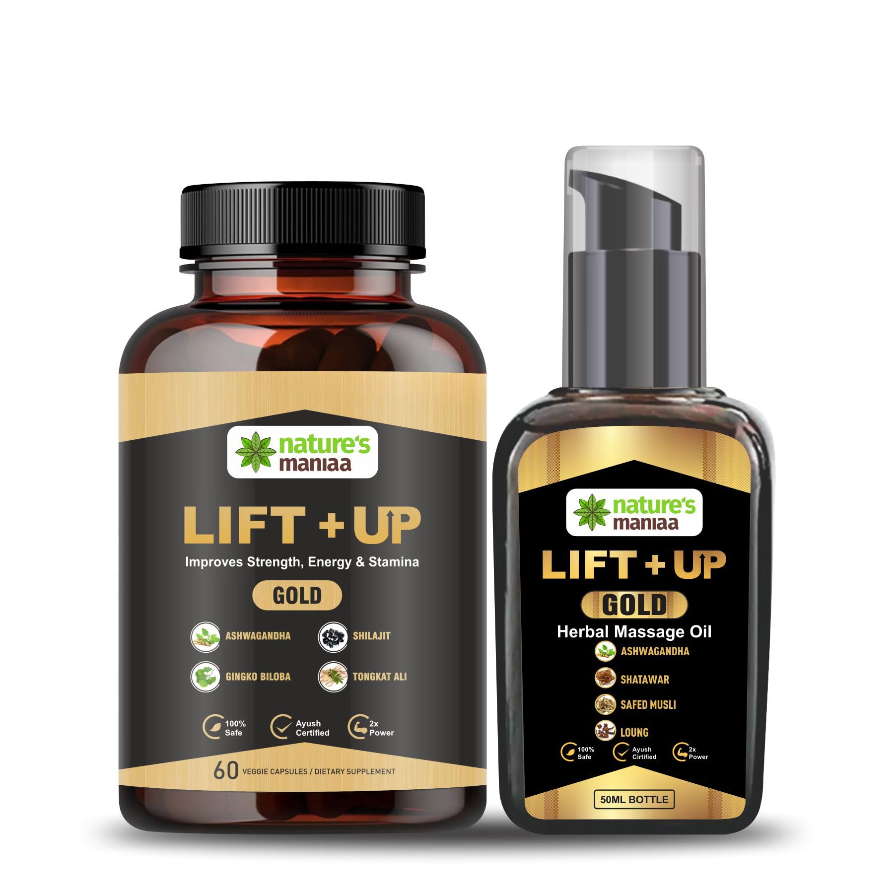 Nature's Maniaa Gold LIFT UP Massage Oil For Men's 50 Ml & Mens Capsule 60 Pics (Set Of Combo)
