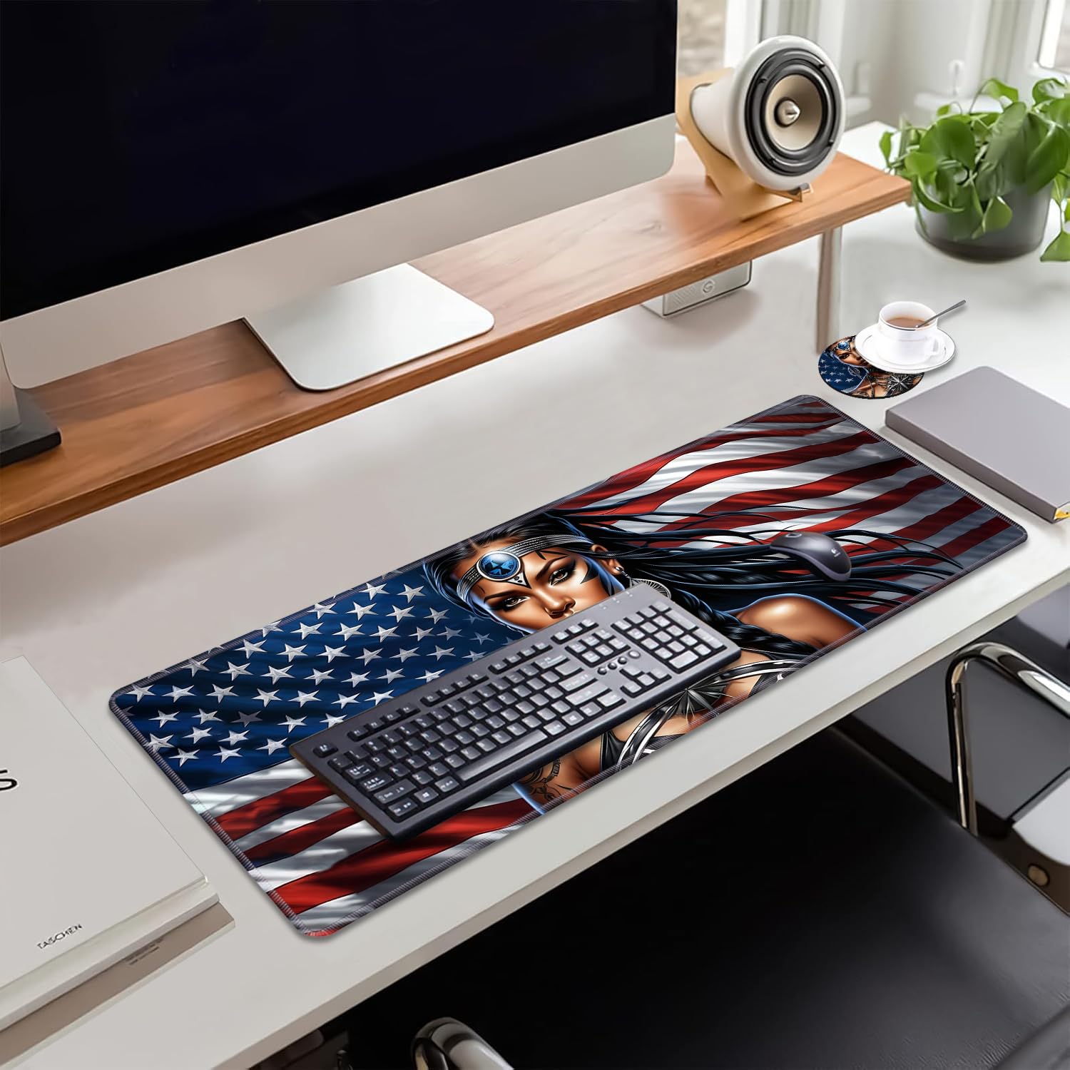Alfombrilla de escritorio con diseño de bandera americana con posavasos, tamaño XL, grande, extendida, para escribir, bordes cosidos, base de goma antideslizante para trabajo, juegos, oficina, hogar,