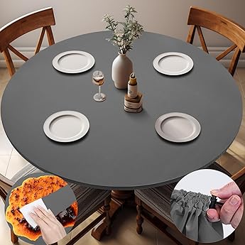Fitted Dark Grey Black Round Tablecloth for 45-52" Tables Modern Large Non Slip Water Resistant Table Covers Spring Autumn Outdoor Garden Essential College Dorm Things Apartment Kit