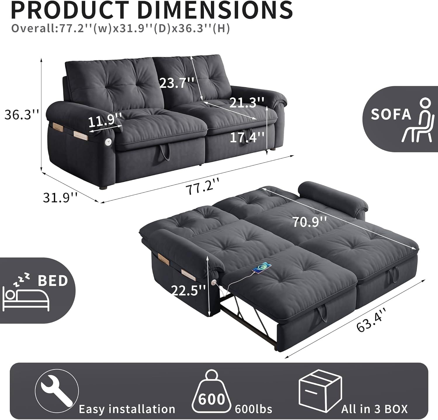 77" Queen Size Sofa Bed, 3-in-1 Convertible Sleeper Sofa Bed with Adjustable Backrest, Modern Velvet Couch with Side Pocket and USB Ports, for Living Rooms, Bedrooms, Small Spaces (Grey, 77.2inch)