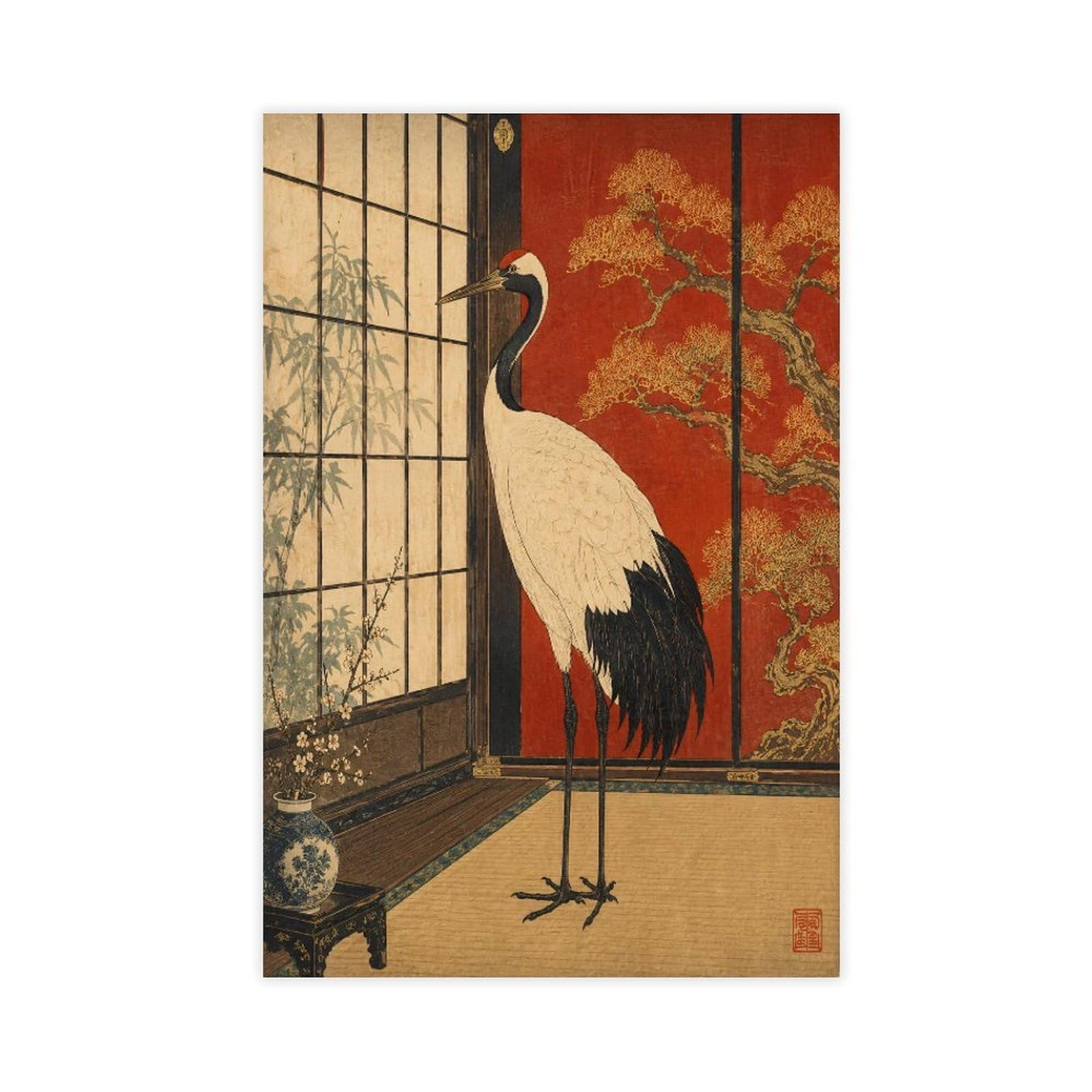 H3b8u2y5 Unframe-Style-23 Crane In Red Room Canvas Wall Art, Elegant Bird Reading Corner