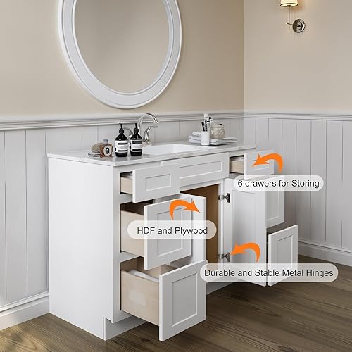 Miniatura 4 de ROOMTEC Armario de baño, tocador de baño independiente de 48 pulgadas con 6 cajones y 2 puertas, cierre suave, deslizadores de cajones de cierre