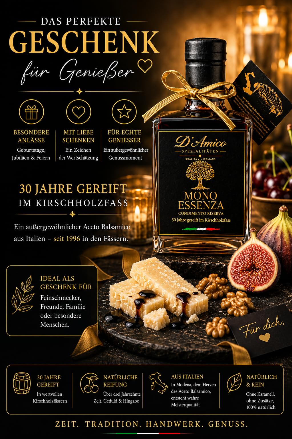 D'Amico Mono Essenza Condimento Riserva – 100 ml | 30 Jahre im Kirschholzfass gereift, Außergewöhnliche Dichte durch natürliche Reifung