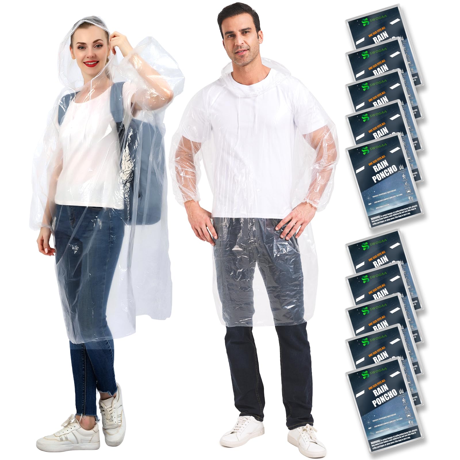 Swogaa Unisex Clear 10 Pack Disposable Rain Ponchos For Adults 10 Pack - 50% Extra Thicker Men Or Women Waterproof Emergency Rain Ponchos With Hood - Clear