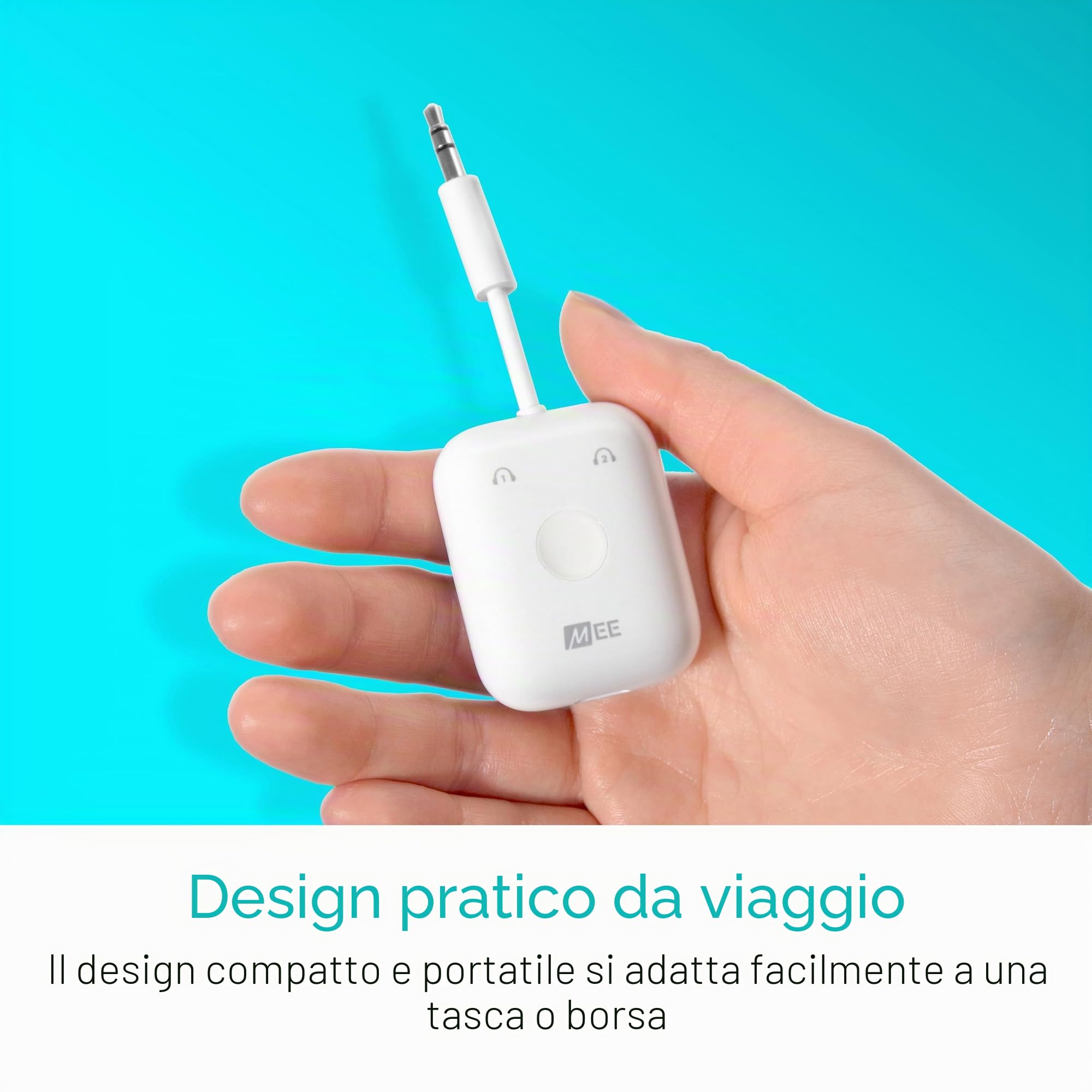 MEE audio Connect Air - Trasmettitore Audio Wireless Bluetooth per Cuffie, 2 Dispositivi, Audio Stereo Senza Fili: Utilizzalo su Aerei, TV, Palestra, Console, e Altro Ancora, Bianco