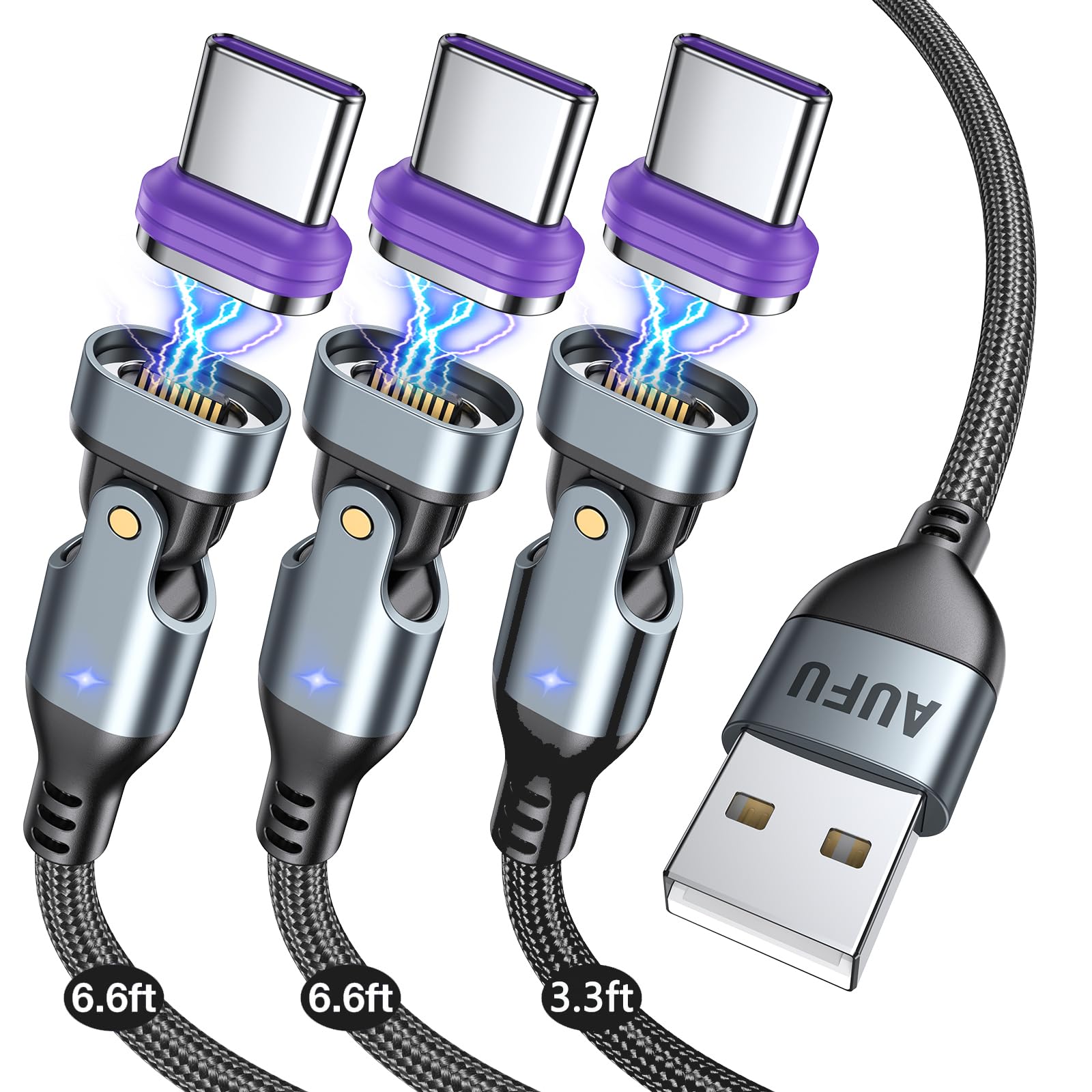 AUFU 16PIN USB C Magnetic Charging Cable (3Pack, 3.3/6.6/6.6ft), 180° Rotation Magnet Charger Cable/Magnetic USB C Cables/Magnet Phone Charger/Data