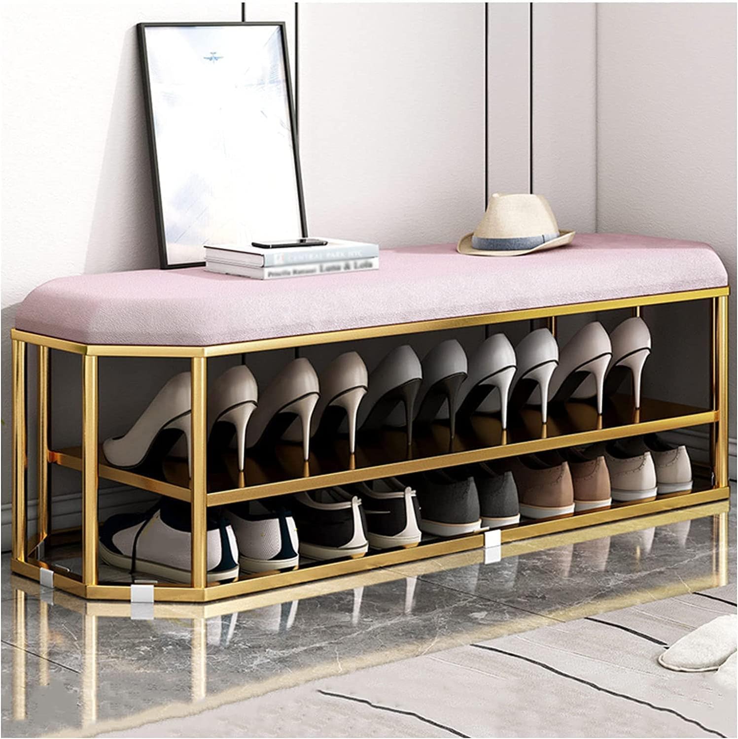 Meuble à chaussures banquette fer noir et coussin entrée