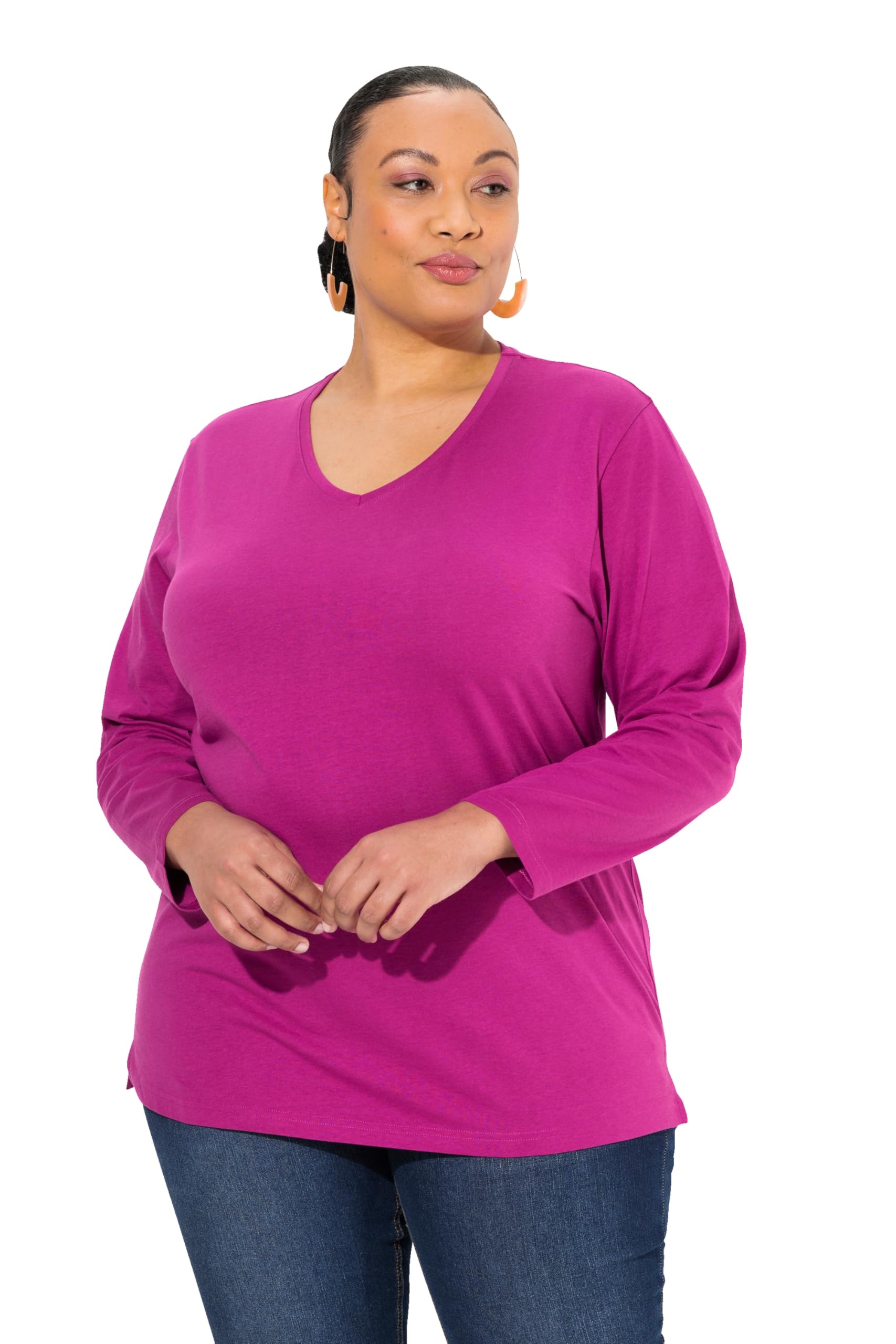 Ulla Popken Womenswear Plus Size Curvy Back to Basics V-Neck Relaxed Fit Cotton Tee Berry 62+ 725334827-62+