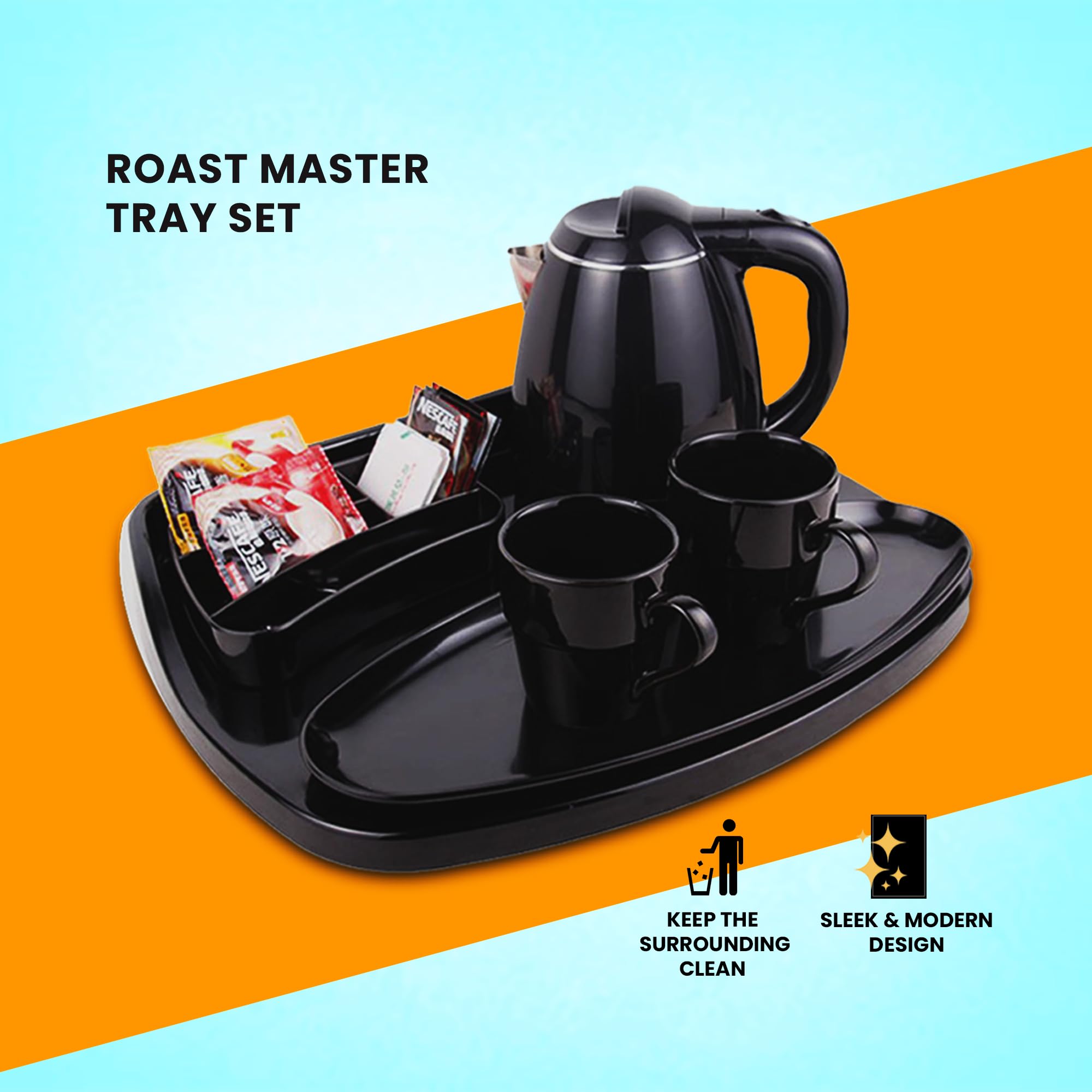 HS WORLD OF HORECA ESSENTIALS Roast Master Tray Set - Premium H-Service Tray & H-Tea Box Combo for Ultimate Kitchen Organization, Durable & Stylish Black Metal Rectangular Kitchenware Set 3