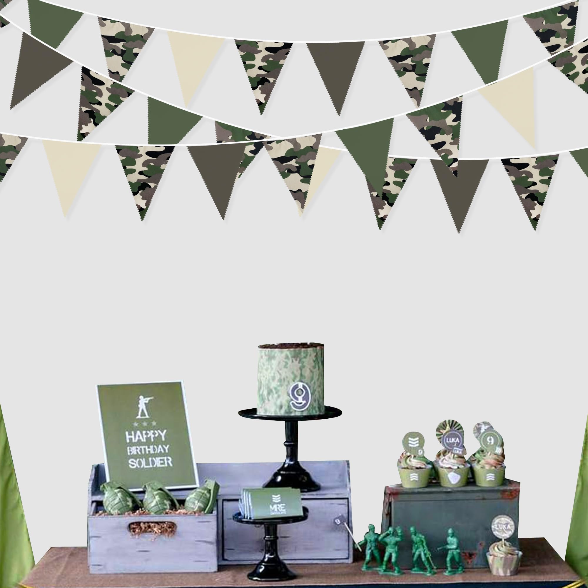 Banderín de camuflaje de 32 pies para decoración de fiesta, banderín de héroe de camuflaje verde y marrón, banderines de tela, banderines triangulares para soldados militares, tanques del ejército