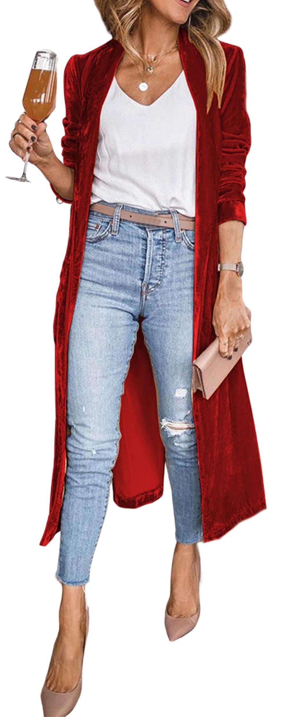 CHARTOU Women Elegant Velvet Jacket Open Front Long Cardigan Duster Long Sleeve Office Work Blazer
