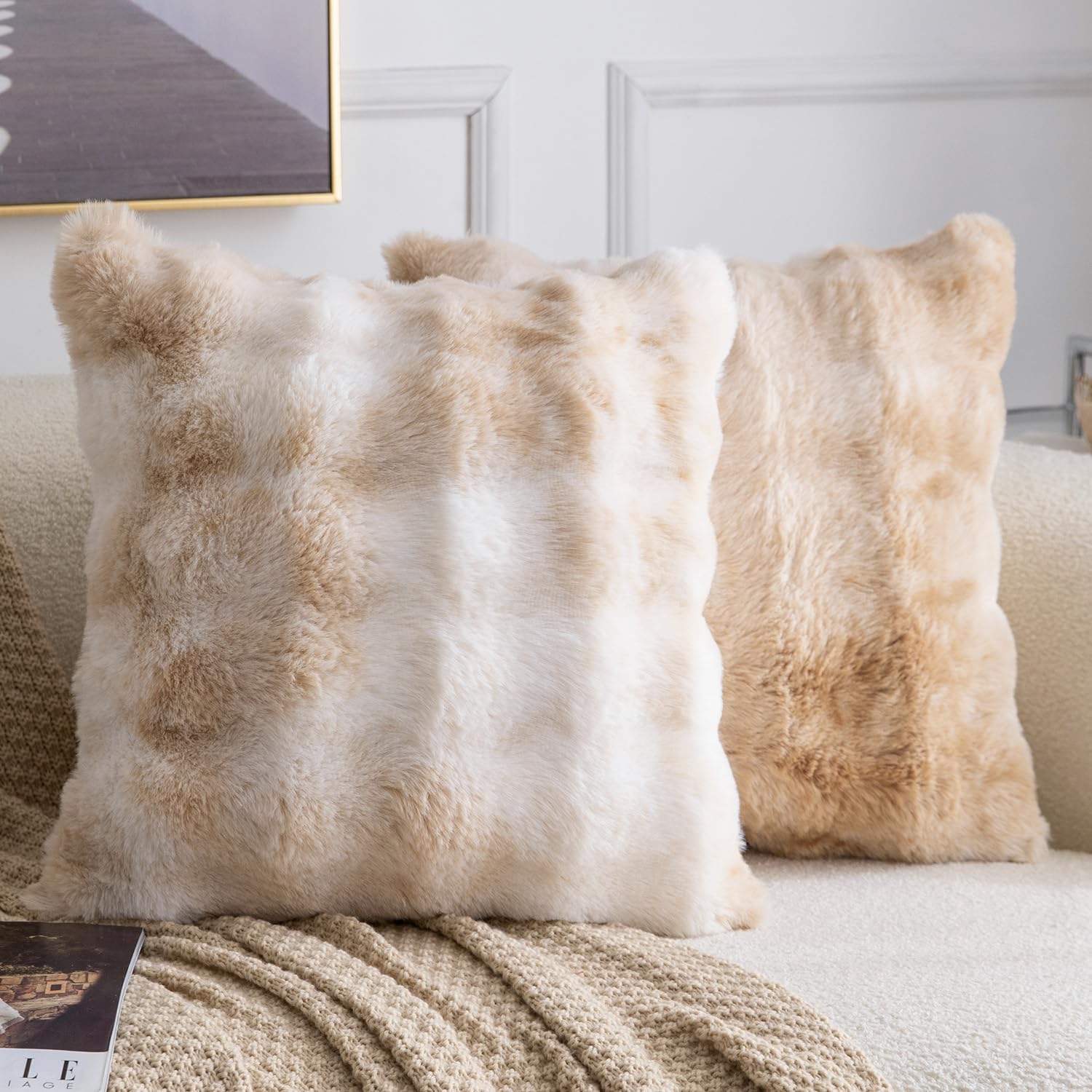 Madizz Pack of 2 Thick Plush Faux Wool Cushion Covers 45x45 cm Beige Camel Soft Neutral Decorative Throw Pillow Covers Accent Boho Pillowcases for Couch Sofa Bedroom Pillow Shell