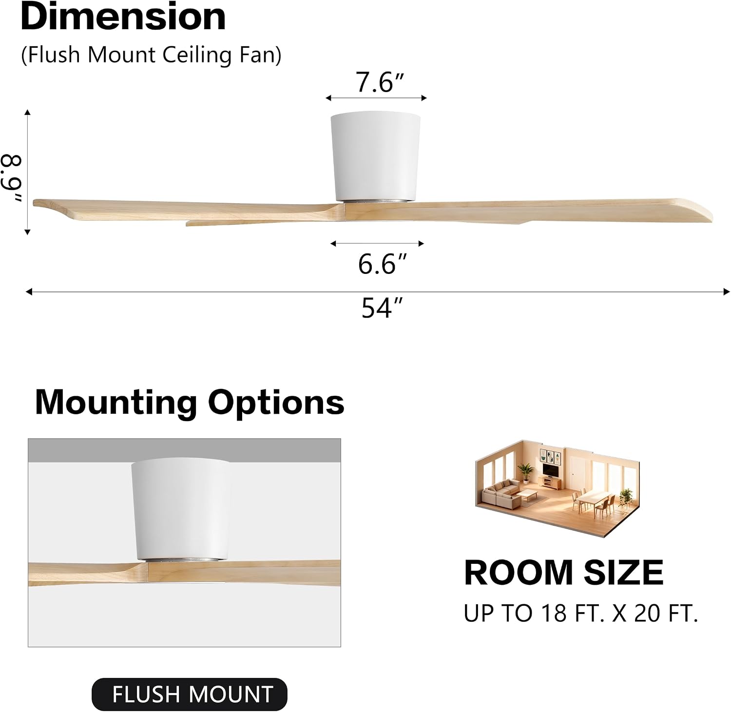 WINGBO 54 Inch Flush Mount DC Ceiling Fan Without Lights, 4 Carved Wood Blades, 6-Speed Reversible DC Motor, Low Profile Ceiling Fan No Lights for Indoor and Outdoor, Gloss White and Oak, ETL Listed