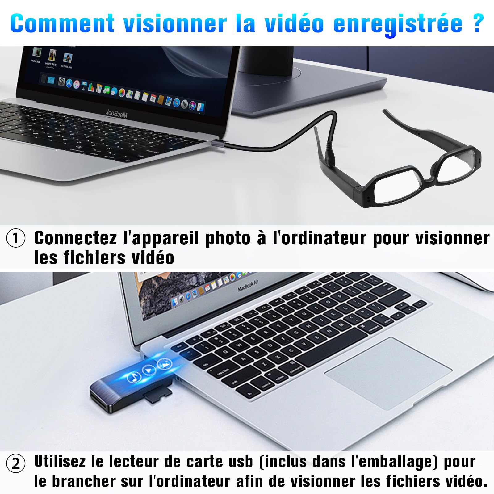 Lunettes Caméra Cachée, Mini Caméra Cachée 16 Go, Mini Caméra Espion HD 1080P, Lunettes Caméra d'action Permettant de Prendre des Photos et des Vidéos, Enregistrement jusqu'à 2 Heures