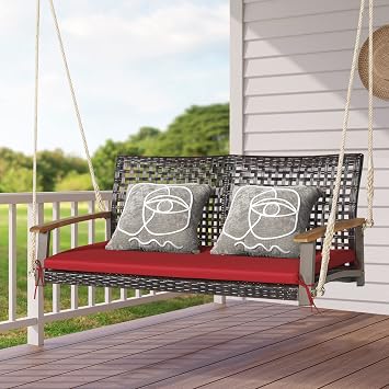 DORTALA Hanging Porch Swing, 2 Person Outdoor Wicker Rattan Swing Chair Bench with Cushion, Ropes for Patio, Garden, Backyard, Mix Brown+Red