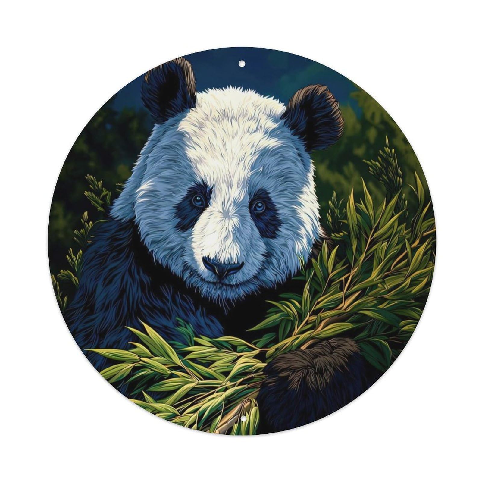 Animal Giant Panda Eating Bamboo in Mountain Forest Blue Eyes Wildlife Illustration Vintage Metal Tin Sign Plaque Wall Decor for Cafe, Club Bar, Office, Garden Metal Poster 8x8Inch