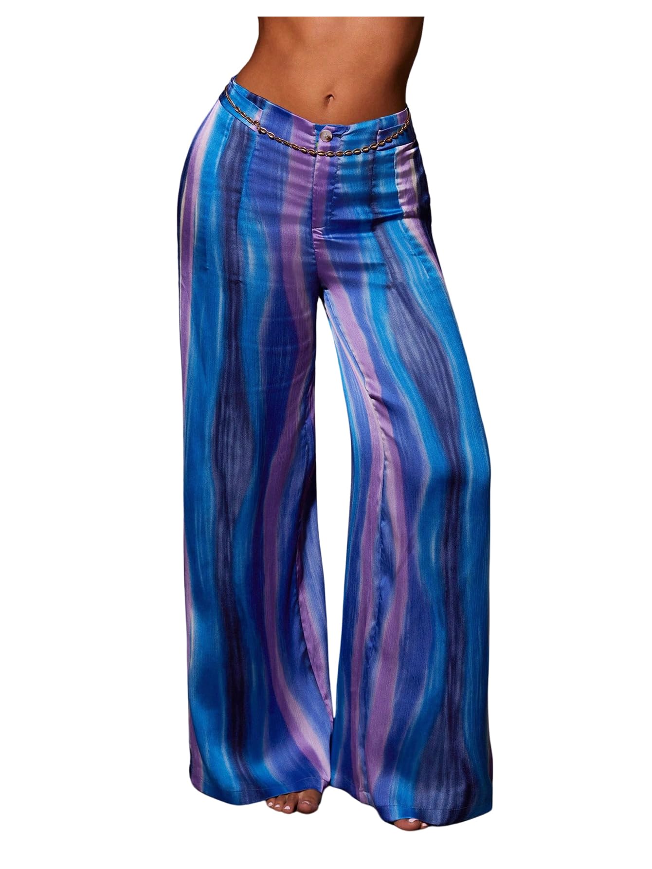 OYOANGLE Womens Satin Wide Leg Pants Striped Low Waisted Silky Dressy Palazzo Trousers