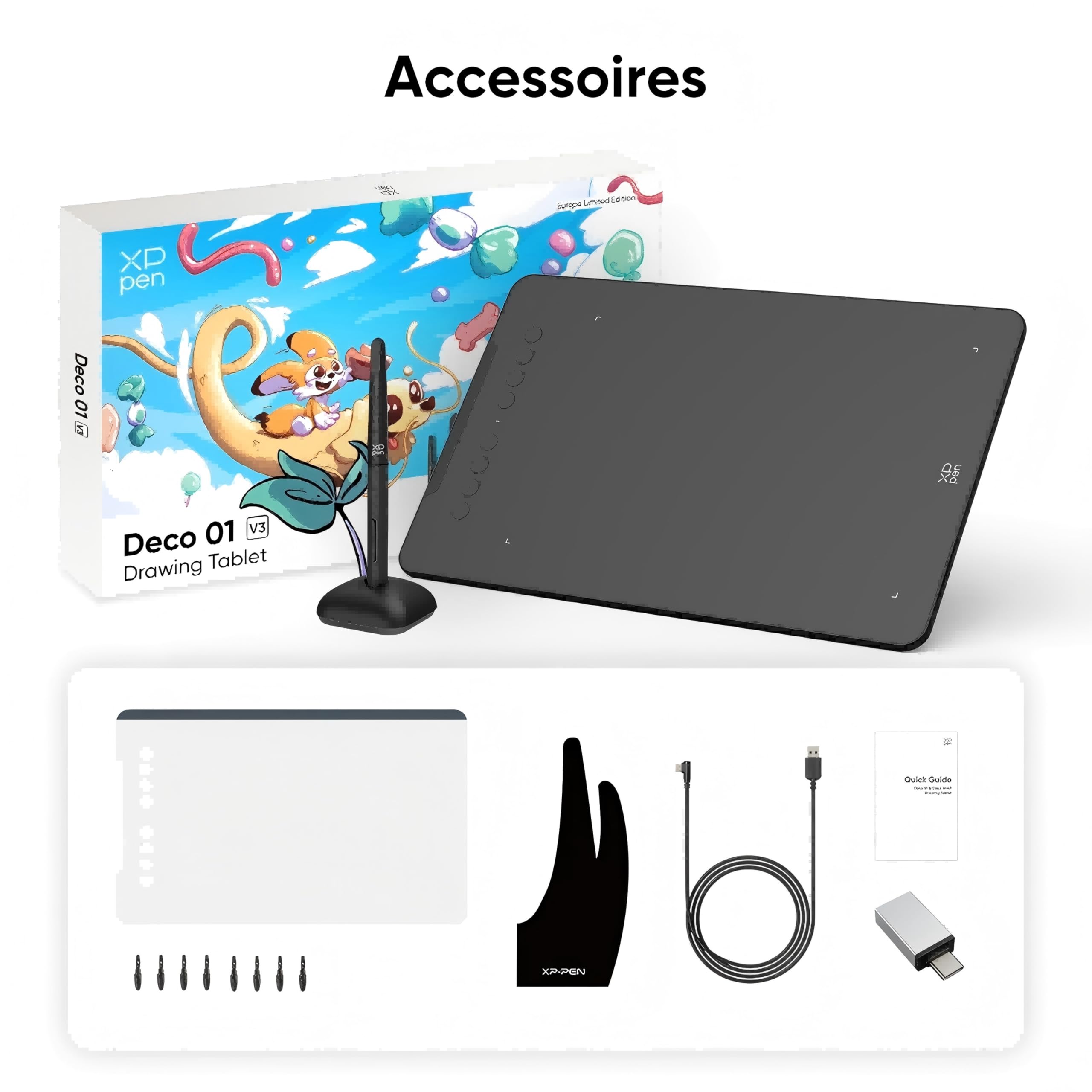 XPPen DECO01V3 Tablette Graphique à Dessin 10x6 Pouces Stylet Passif 16K(16384) Niveaux avec Inclinaison et 8 Raccourcis - Compatible avec Windows/Mac OS/ChromeBook/Android