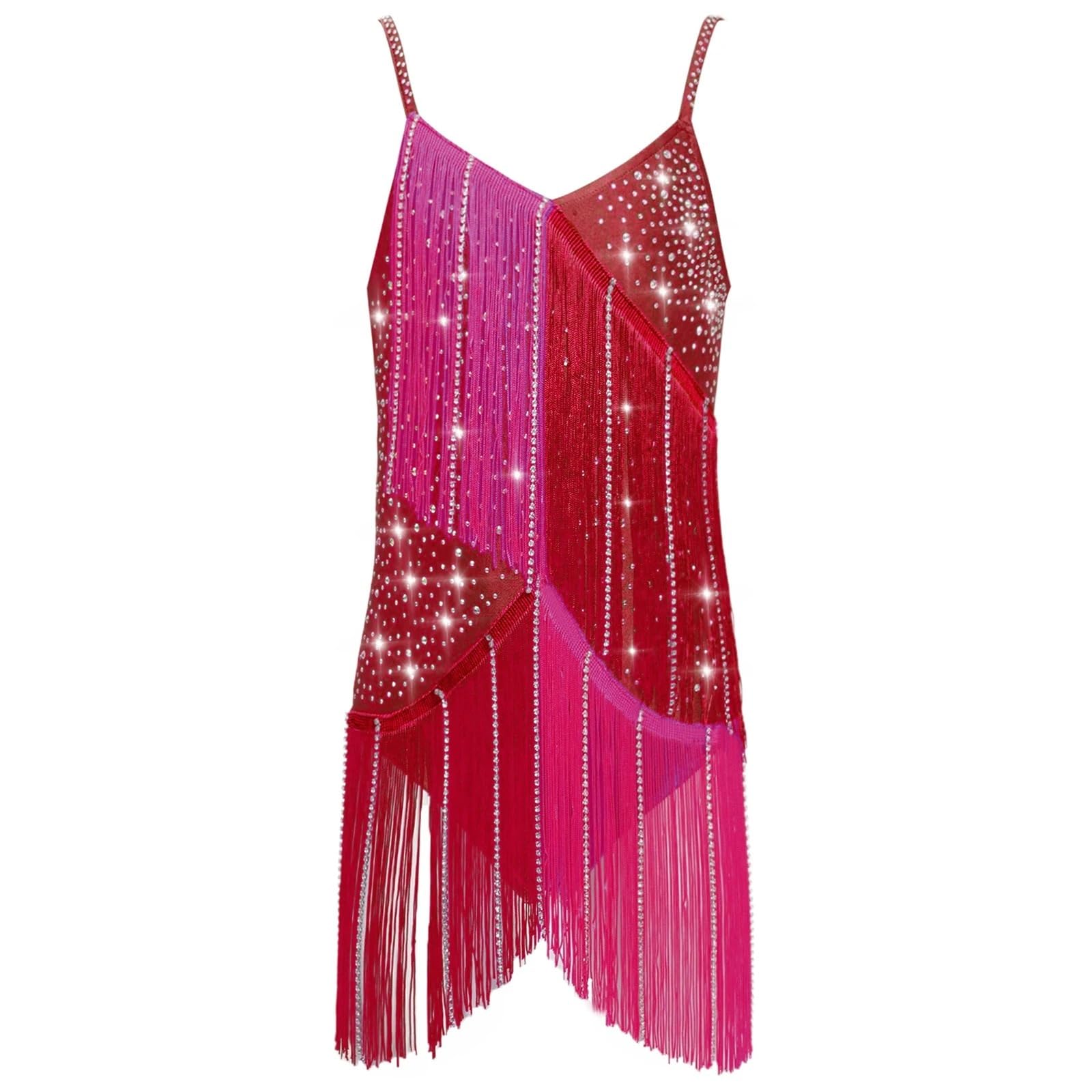Leotardos de Samba y Salsa con borlas for niñas, Ropa de Baile de Jazz y Tango, con Brillantes Diamantes de imitación y Vestidos de Patinaje artístico.(Blue,16)