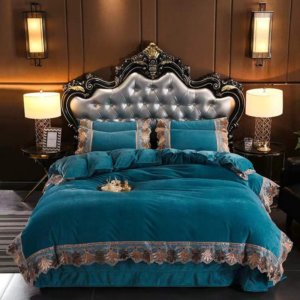 Parure de lit 4 pièces housse de couette velours cristal dentelle brodée