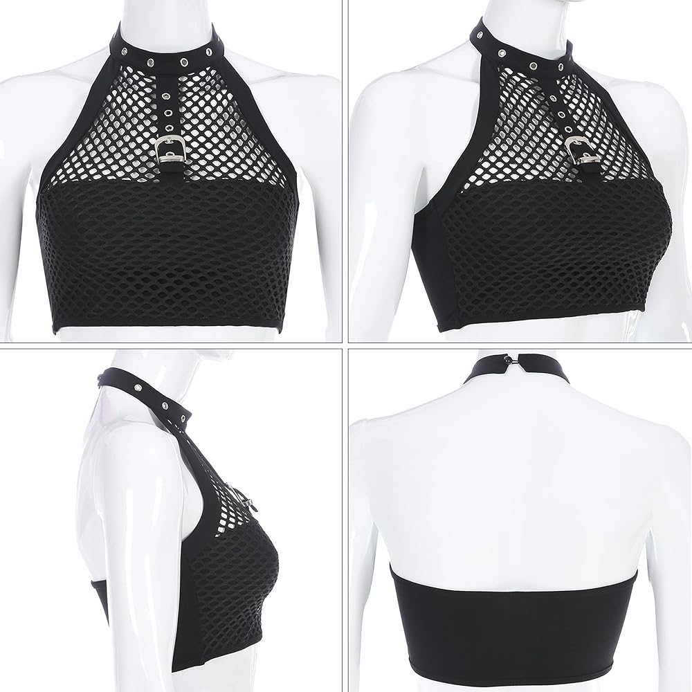 トップス ALL City Mesh Halter NECK Black Black Women Girl Halter Neck Crop Top Metal Buckle Punk Gothic