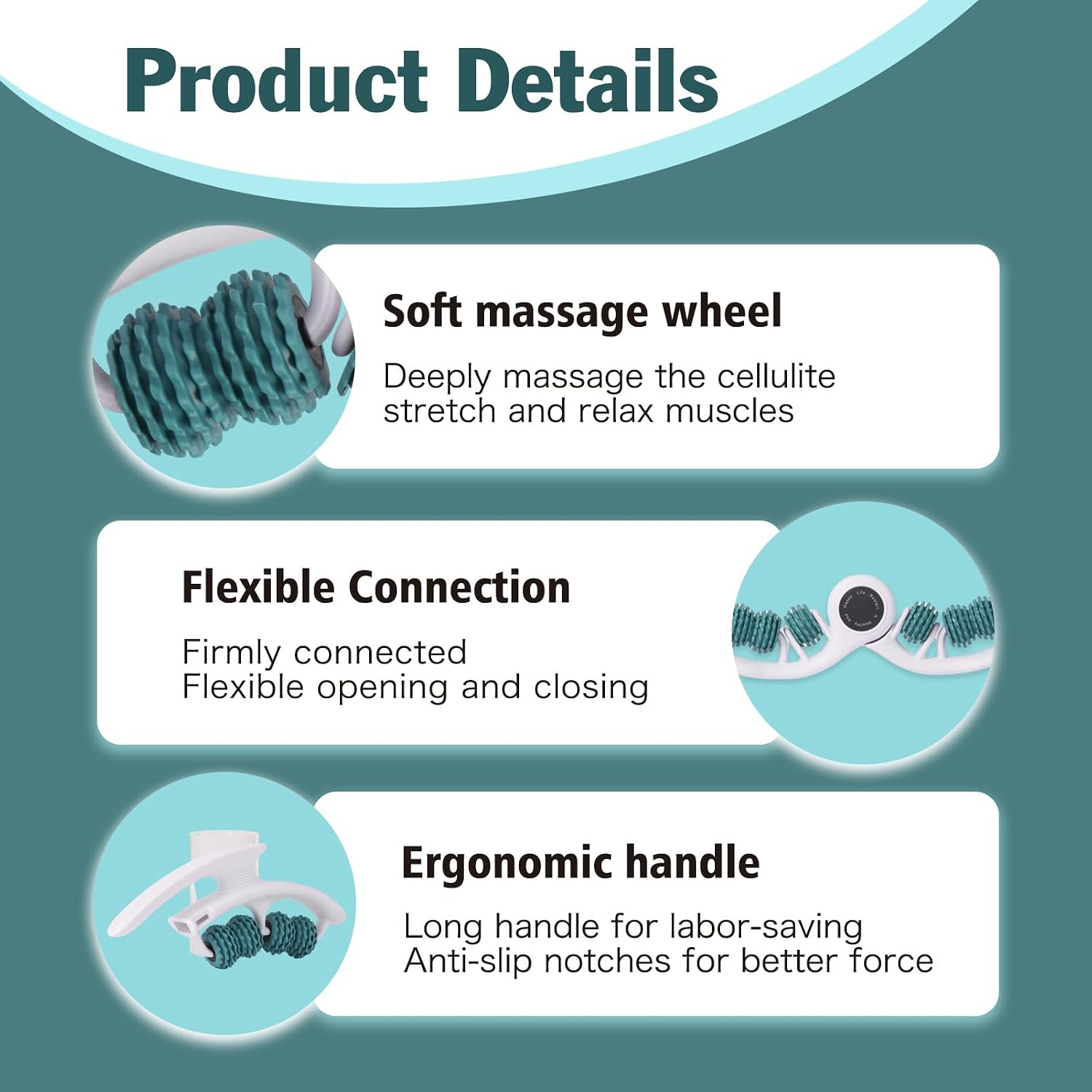 Cellulite Massage Tool Lymphatic Drainage Massager for Thighs & Legs & Buttocks, Anti Cellulite Roller with Detachable Handles Fascia Massage Tool for Contoured & Smoother Skin, White-Green