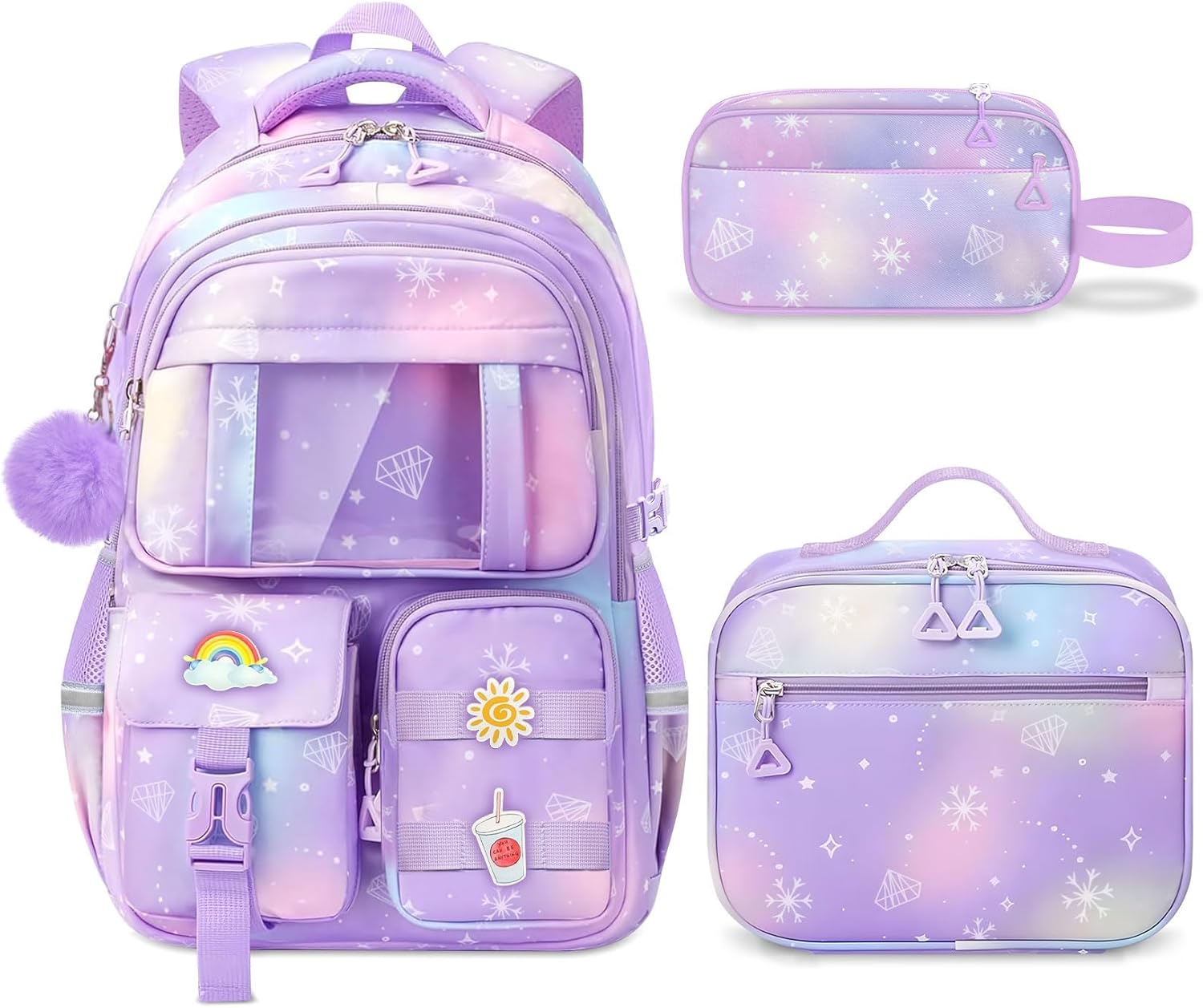 School Backpack for Girls - 5pcs Cute Girls Backpack with Lunch Box for Teens Kids Elementary Middle School - 17″ Students Bookbag Travel Back Pack for Age 6-18