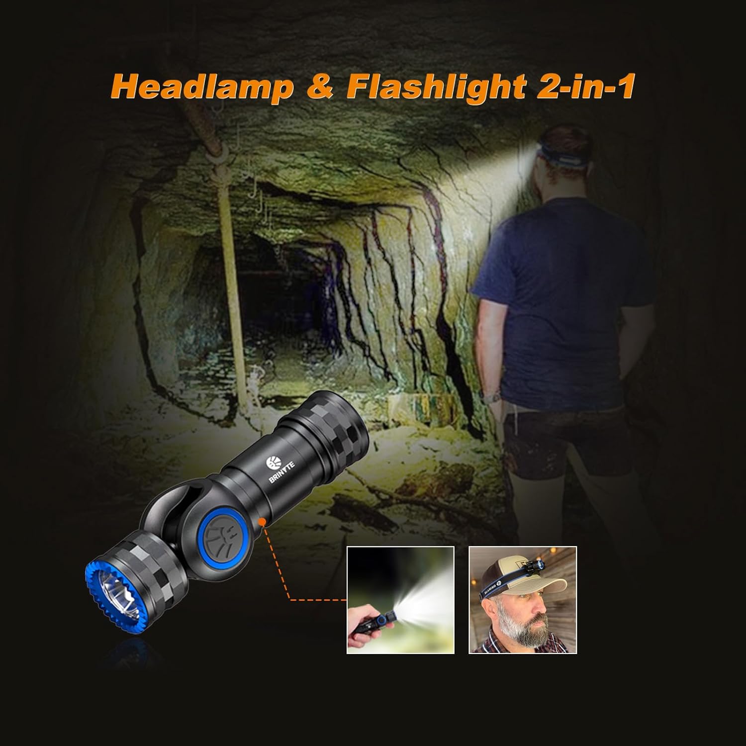 Brinyte HL16 Rechargeable LED Headlamp, 0-90° Adjustable EDC Flashlight, 520 Lumens Headlight with Magnetic Base & Charging, IP66 Waterproof Hands-Free Light for for Outdoor Camping, Hiking, Working