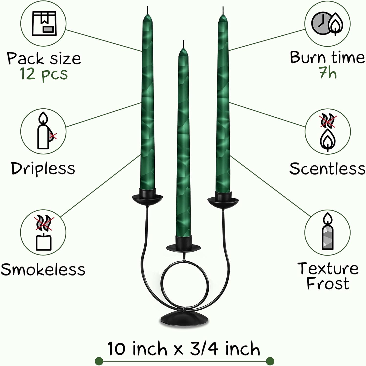 CANDWAX 10 inch Unscented Candles Set of 12 - Dripless Taper Candles Colored As Frost - Long Tapered Candles Ideal As Dinner Candles, Candle Décor and Wedding Candle - Green Candlesticks : Home & Kitchen