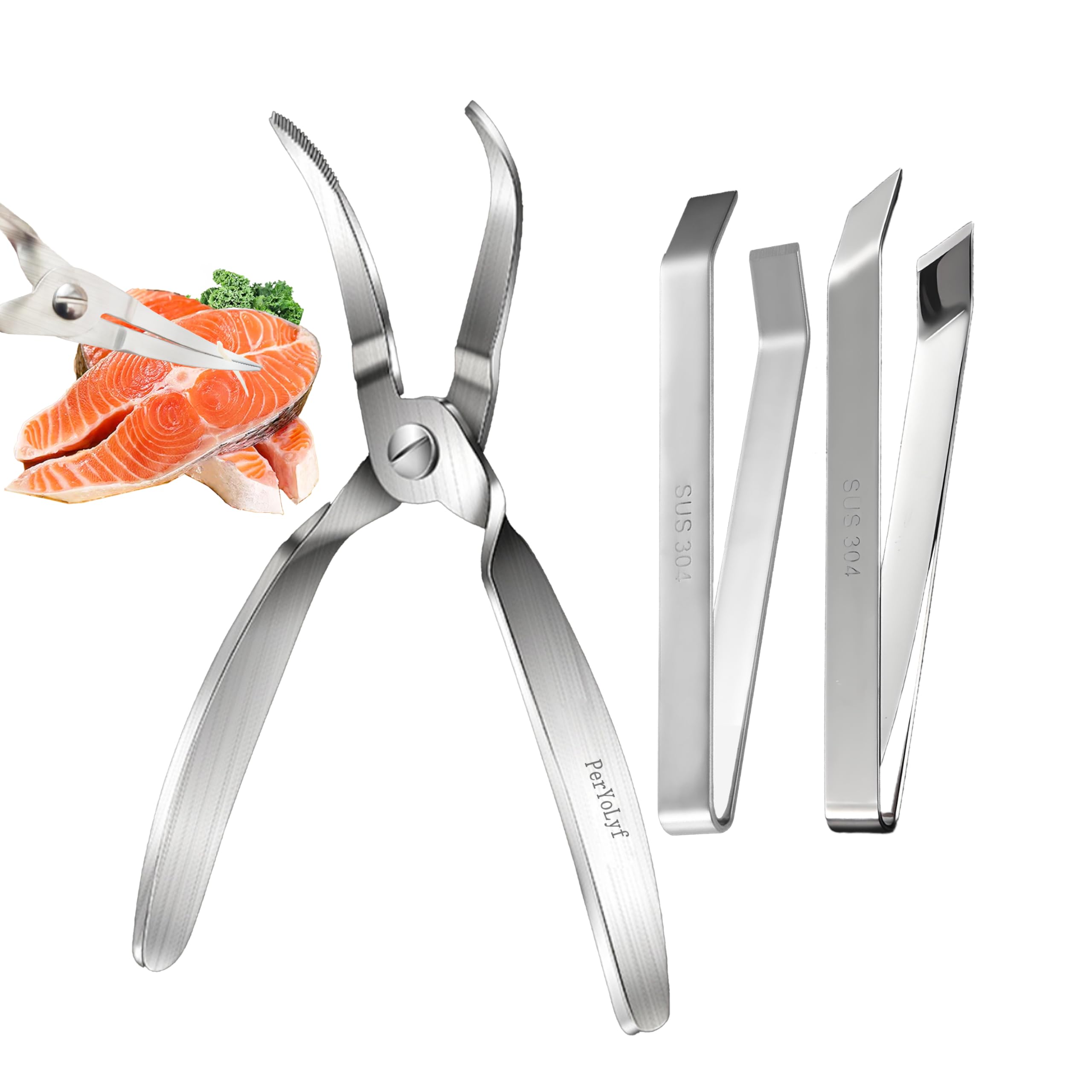 Fischgrätenzange/Pinzette, 304 Lebensmittelqualität, Edelstahl, Entbeinungswerkzeug-Set für alle Arten von Fischen (3 Stück)