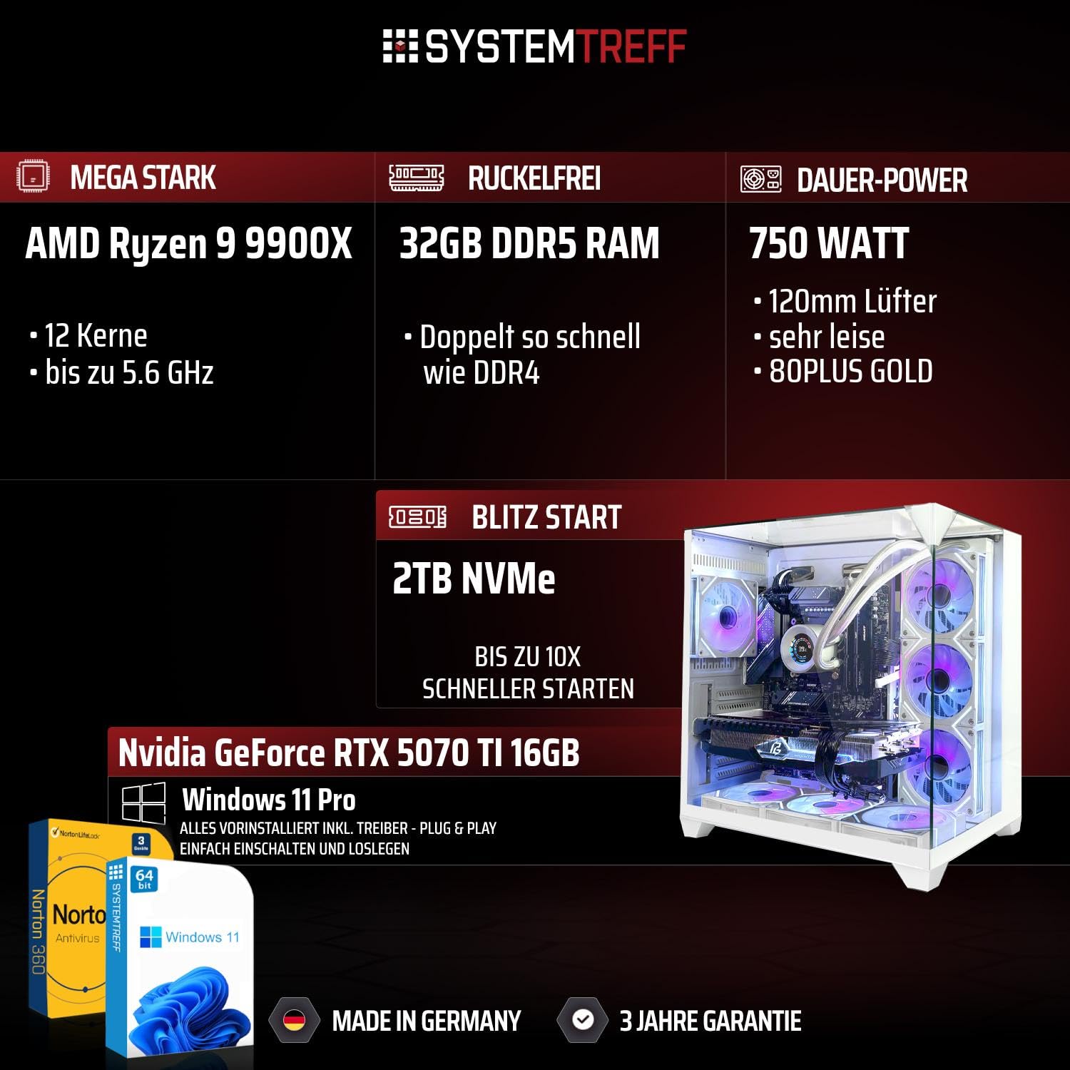 SYSTEMTREFF High-End Gaming PC weiß AMD Ryzen 9 9900X 12x5.6GHz | Nvidia RTX 5070 TI 16GB | 2TB M.2 NVMe | 32GB DDR5 RAM | Windows 11 | Desktop Computer Rechner für Gamer, Zocker & Streamer