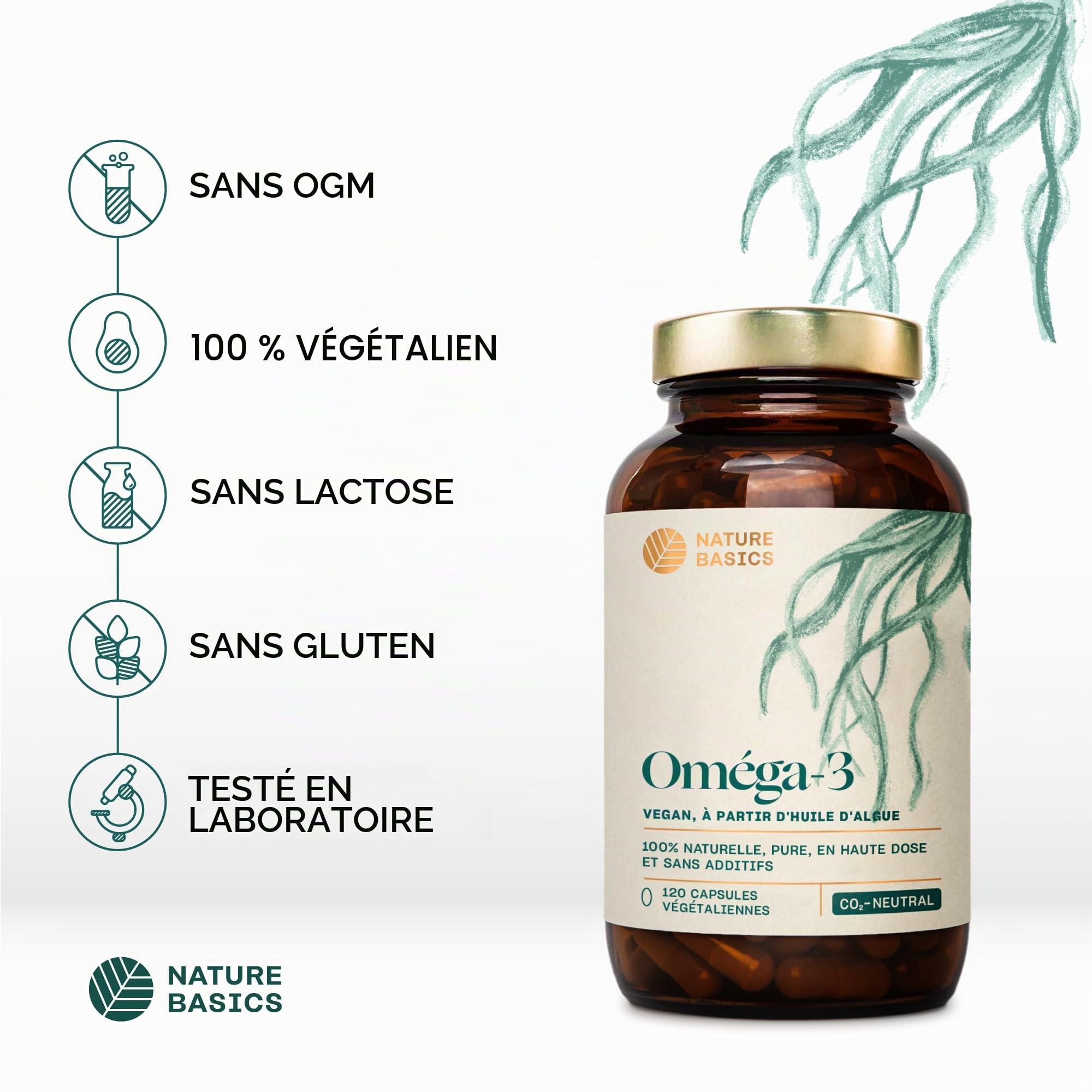Nature Basics® Huile d'algues Oméga 3 végétalienne | 120 (!) gélules hautement dosées dans un bocal en verre | certifié durable & neutre en CO2 | Par gélule 455mg naturels avec 30% DHA & 15% EPA