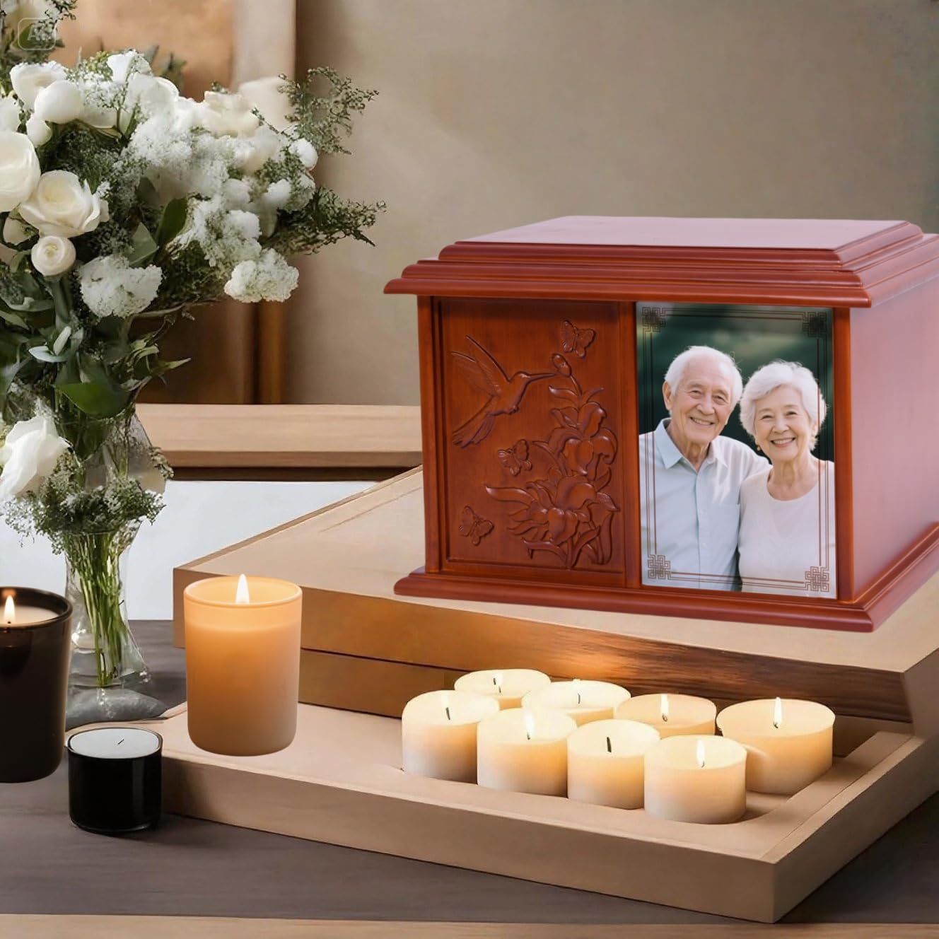 Double Urn for 2 Adults - Wooden Cremation Urn for Human Ashes Male Female Companion Urns for Ashes Women Men Carved 400 Lbs Large Hummingbird Urns with 4 x 6 Picture Frame
