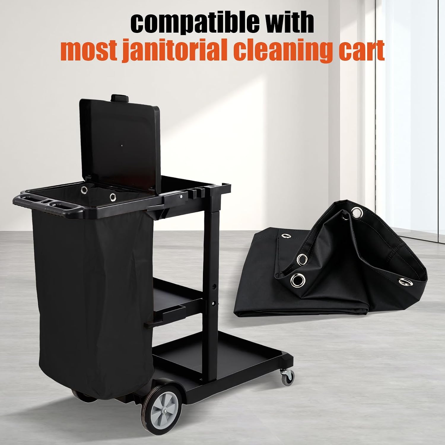 Replacement Janitorial Cleaning Cart Bag: Commercial Products 23 Gallon Industrial Janitorial Vinyl Cart Bag with 6 Brass Grommets - Size 16 x 11 x 27inches (Black) image 5