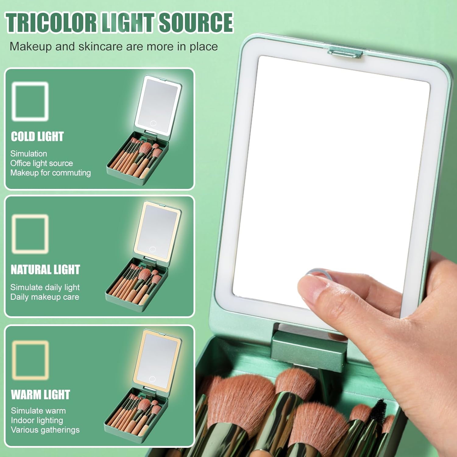 BS-MALL Travel Makeup Brush Set – 14 Pcs Foundation Powder Concealers Eye Shadows with LED Light Mirror, Green - Image 4