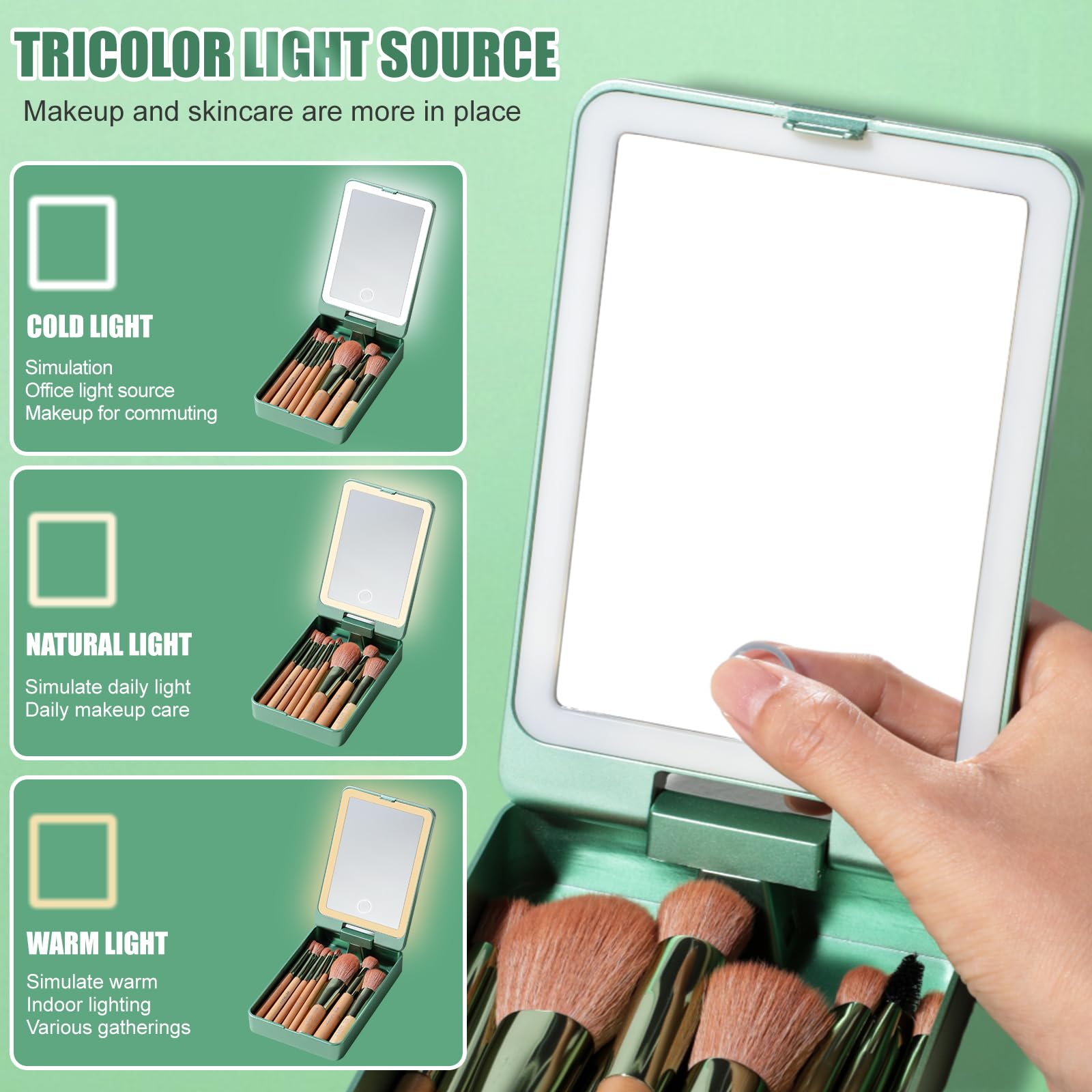BS-MALL Lot de 14 pinceaux de maquillage de voyage pour fond de teint, poudre, anti-cernes, ombre à paupières, avec miroir lumineux LED, vert