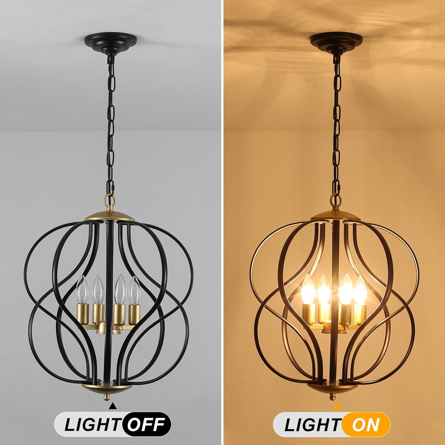 4 Lights Black and Gold Chandelier for Dining Room, 17" Farmhouse Foyer Chandeliers, Industrial Geometric Hanging Pendant Light Fixture for Entryway, Kitchen, Entryway, Foyer, Stairs